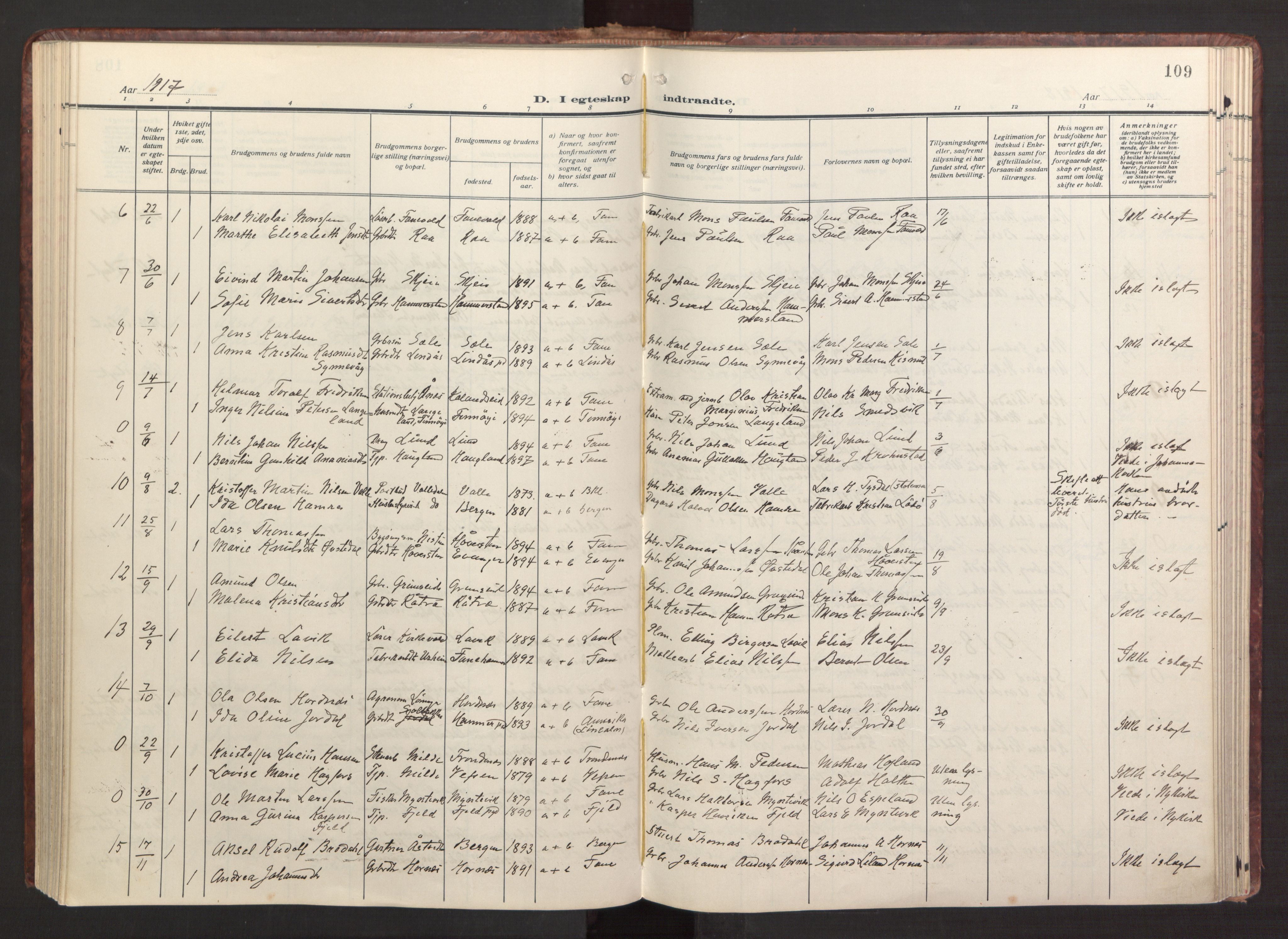 Fana Sokneprestembete, AV/SAB-A-75101/H/Haa/Haab/L0005: Parish register (official) no. B 5, 1915-1923, p. 109