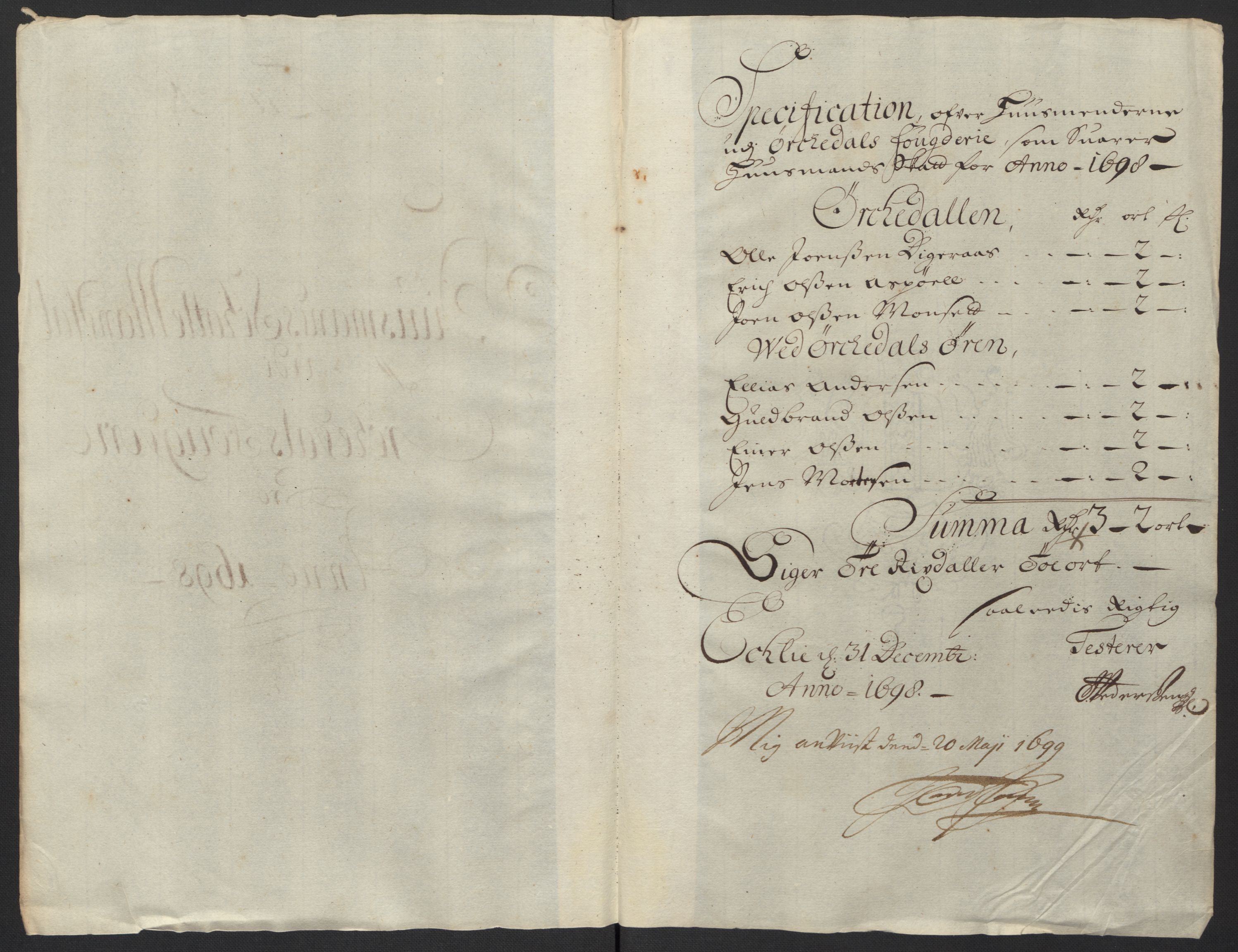 Rentekammeret inntil 1814, Reviderte regnskaper, Fogderegnskap, AV/RA-EA-4092/R60/L3948: Fogderegnskap Orkdal og Gauldal, 1698, p. 204