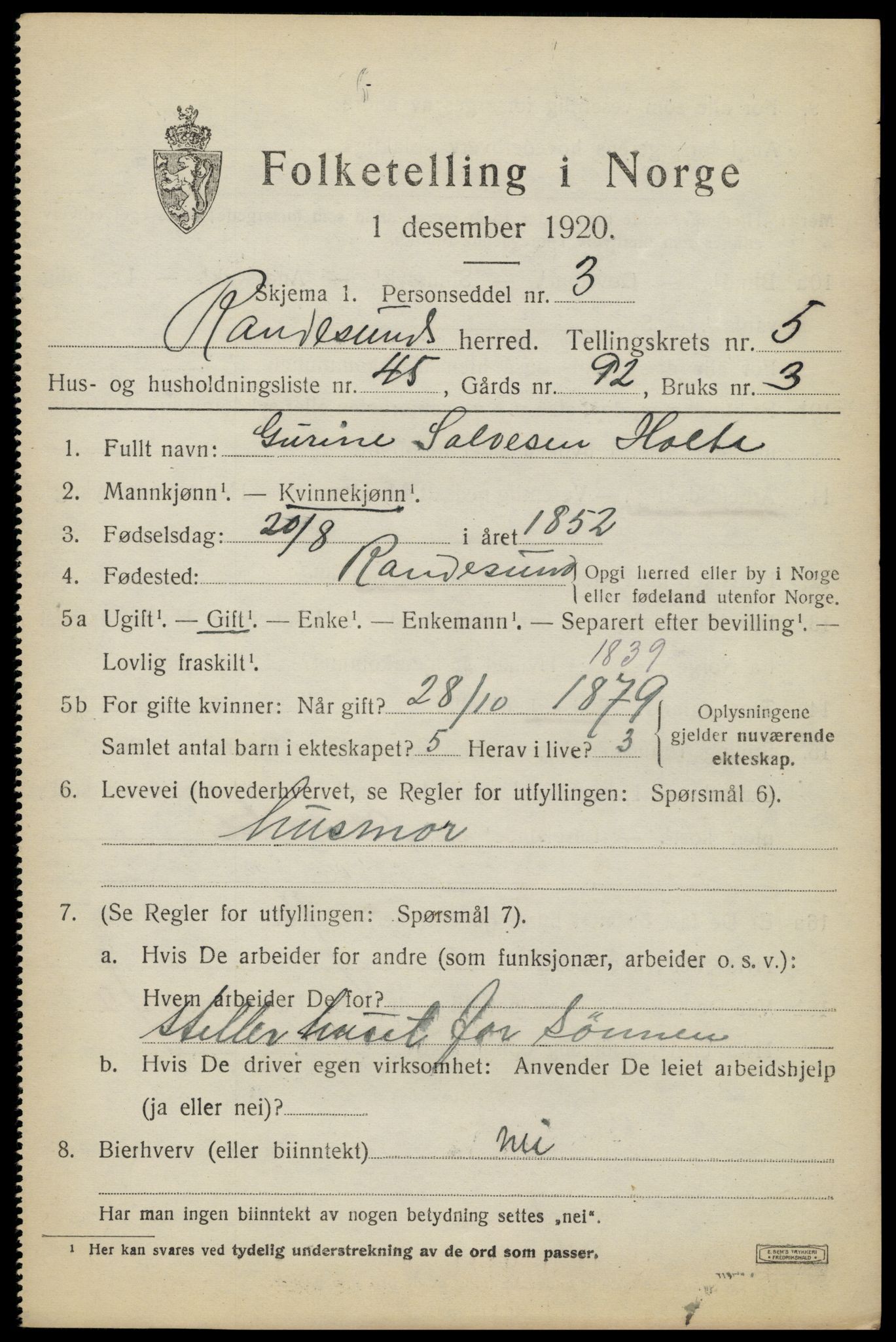 SAK, 1920 census for Randesund, 1920, p. 2740