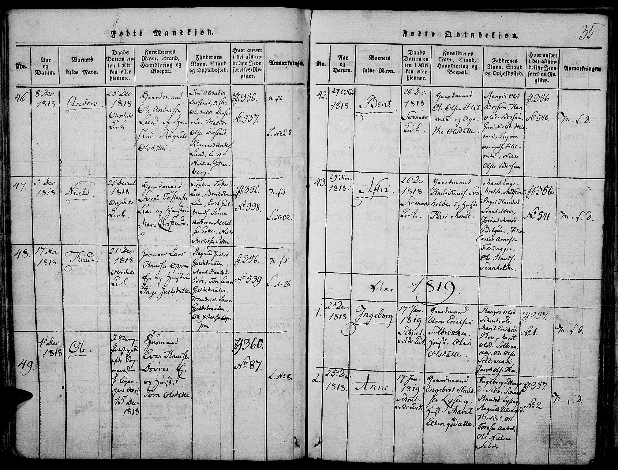 Nord-Aurdal prestekontor, SAH/PREST-132/H/Ha/Haa/L0002: Parish register (official) no. 2, 1816-1828, p. 35