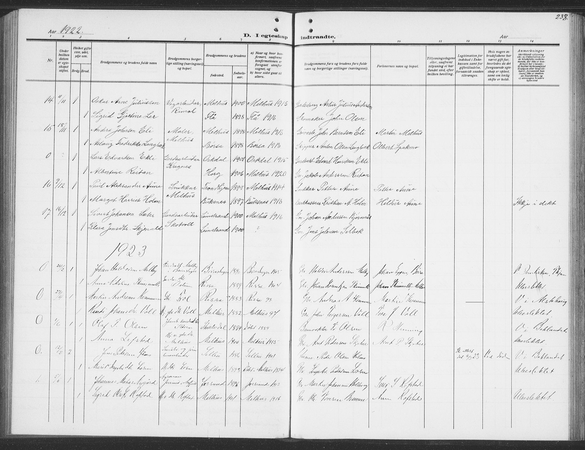 Ministerialprotokoller, klokkerbøker og fødselsregistre - Sør-Trøndelag, AV/SAT-A-1456/691/L1095: Parish register (copy) no. 691C06, 1912-1933, p. 238