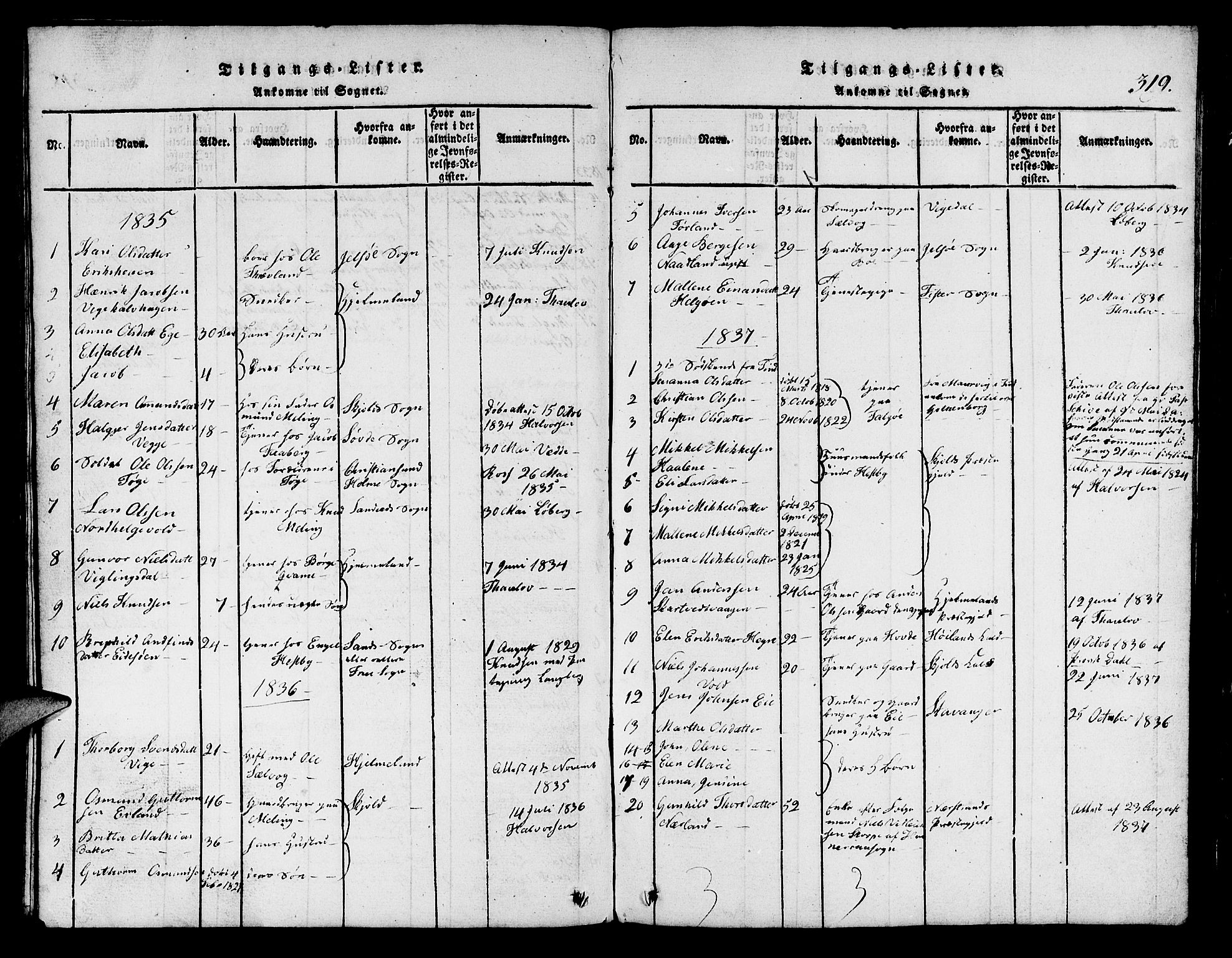 Finnøy sokneprestkontor, SAST/A-101825/H/Ha/Hab/L0001: Parish register (copy) no. B 1, 1816-1856, p. 319