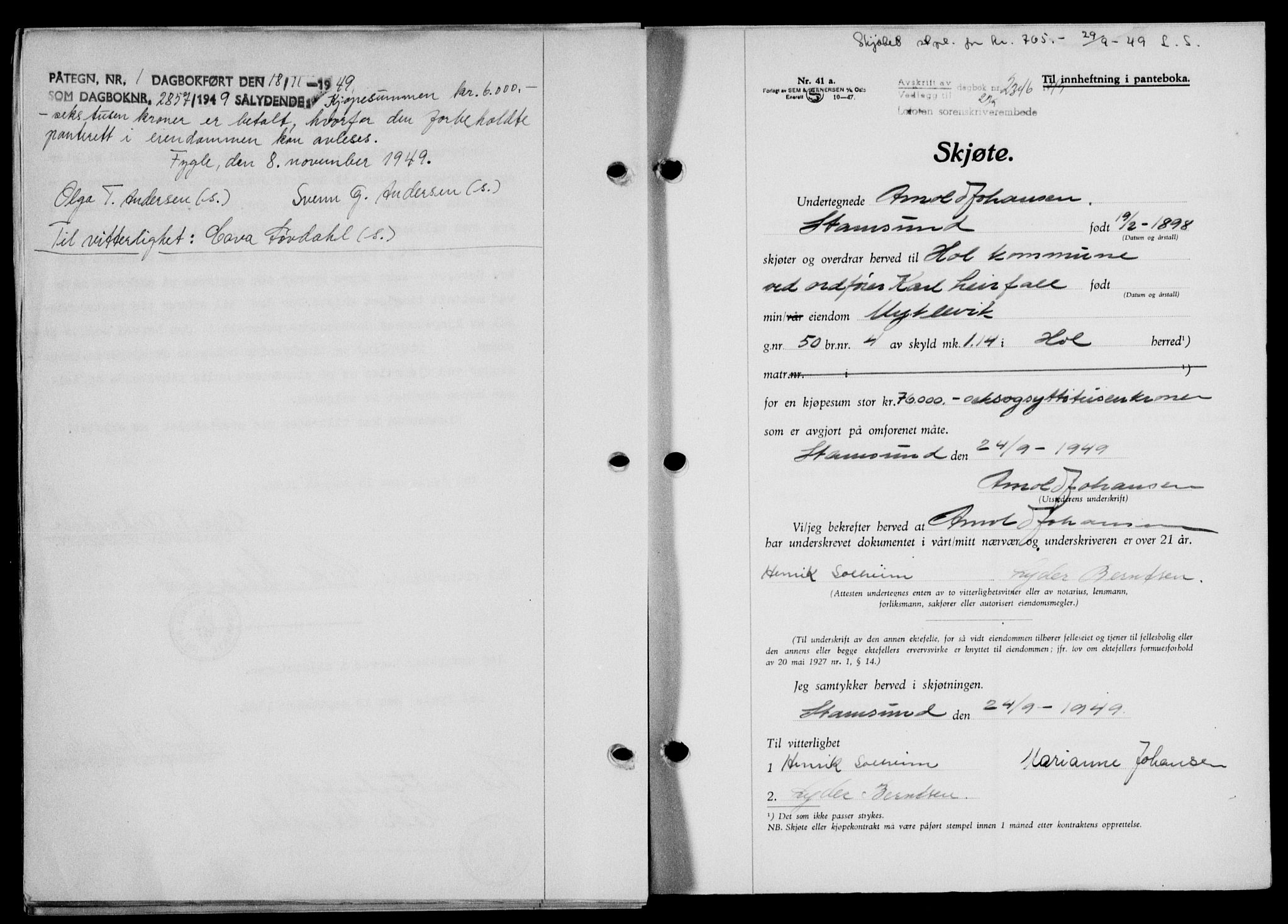 Lofoten sorenskriveri, SAT/A-0017/1/2/2C/L0021a: Mortgage book no. 21a, 1949-1949, Diary no: : 2346/1949