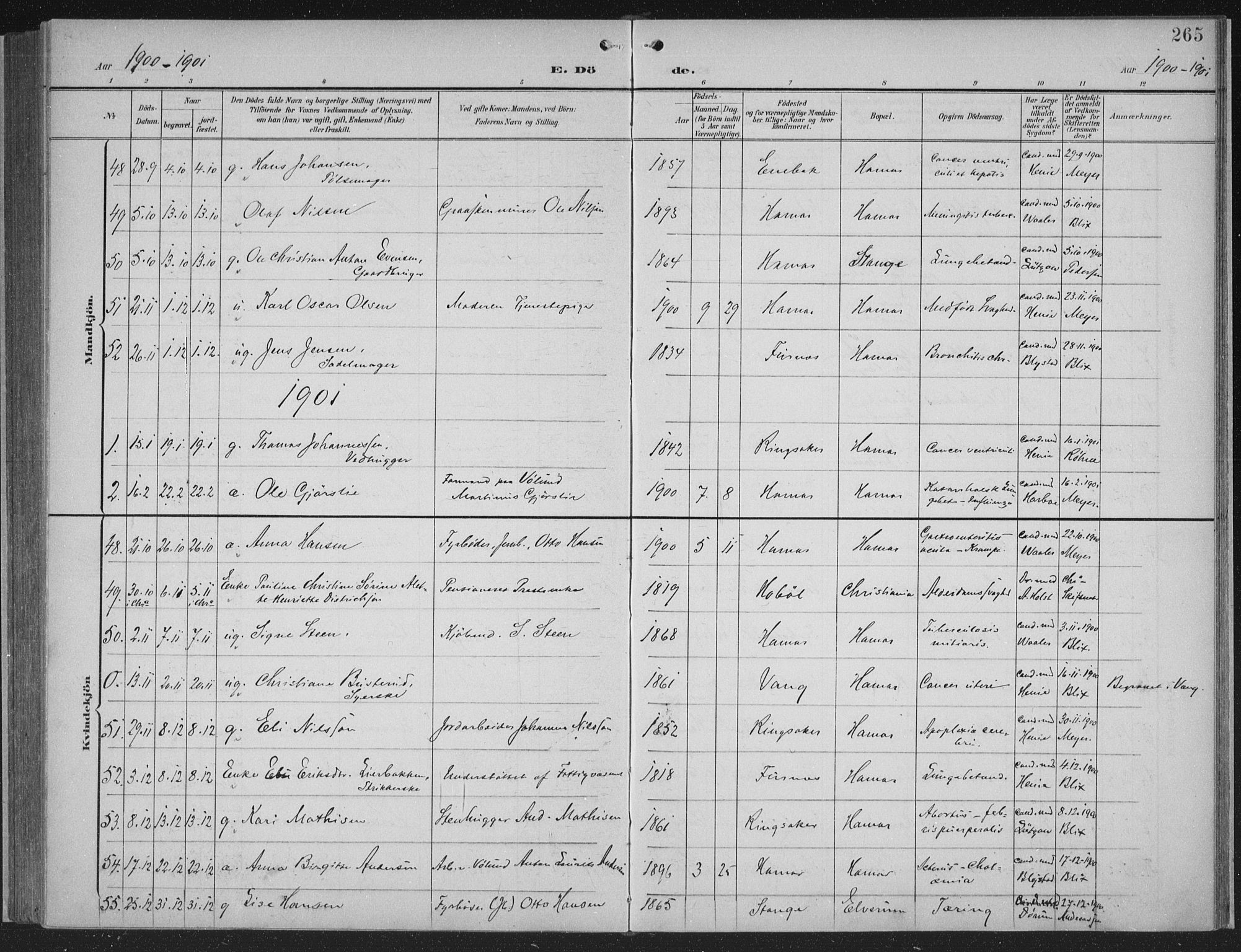 Hamar prestekontor, AV/SAH-DOMPH-002/H/Ha/Haa/L0001: Parish register (official) no. 1, 1900-1914, p. 265