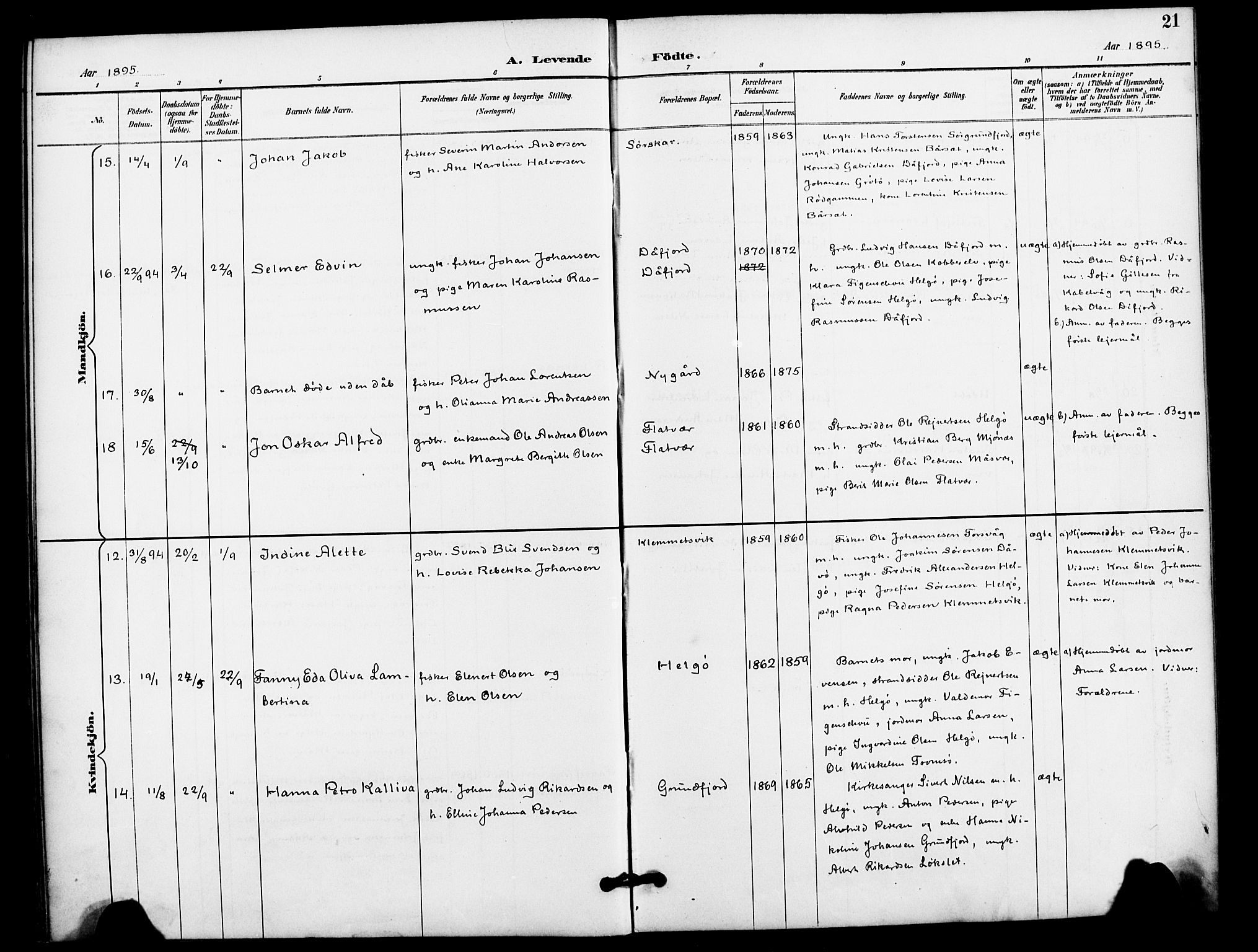 Karlsøy sokneprestembete, AV/SATØ-S-1299/H/Ha/Haa/L0012kirke: Parish register (official) no. 12, 1892-1902, p. 21