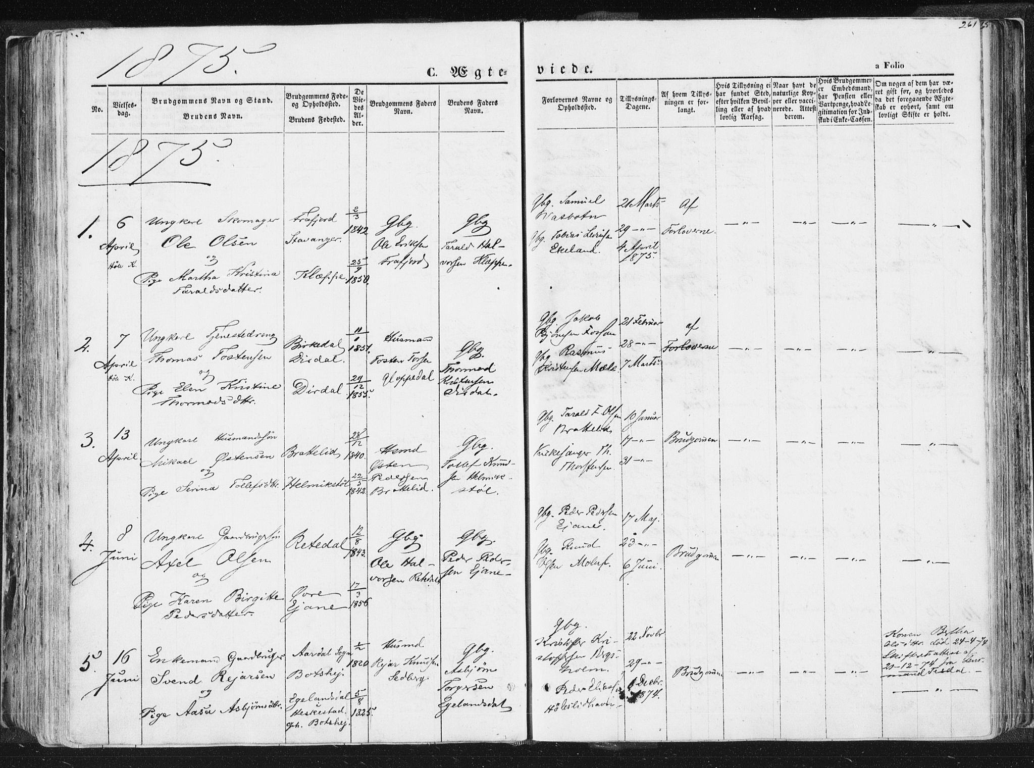 Høgsfjord sokneprestkontor, SAST/A-101624/H/Ha/Haa/L0001: Parish register (official) no. A 1, 1854-1875, p. 261