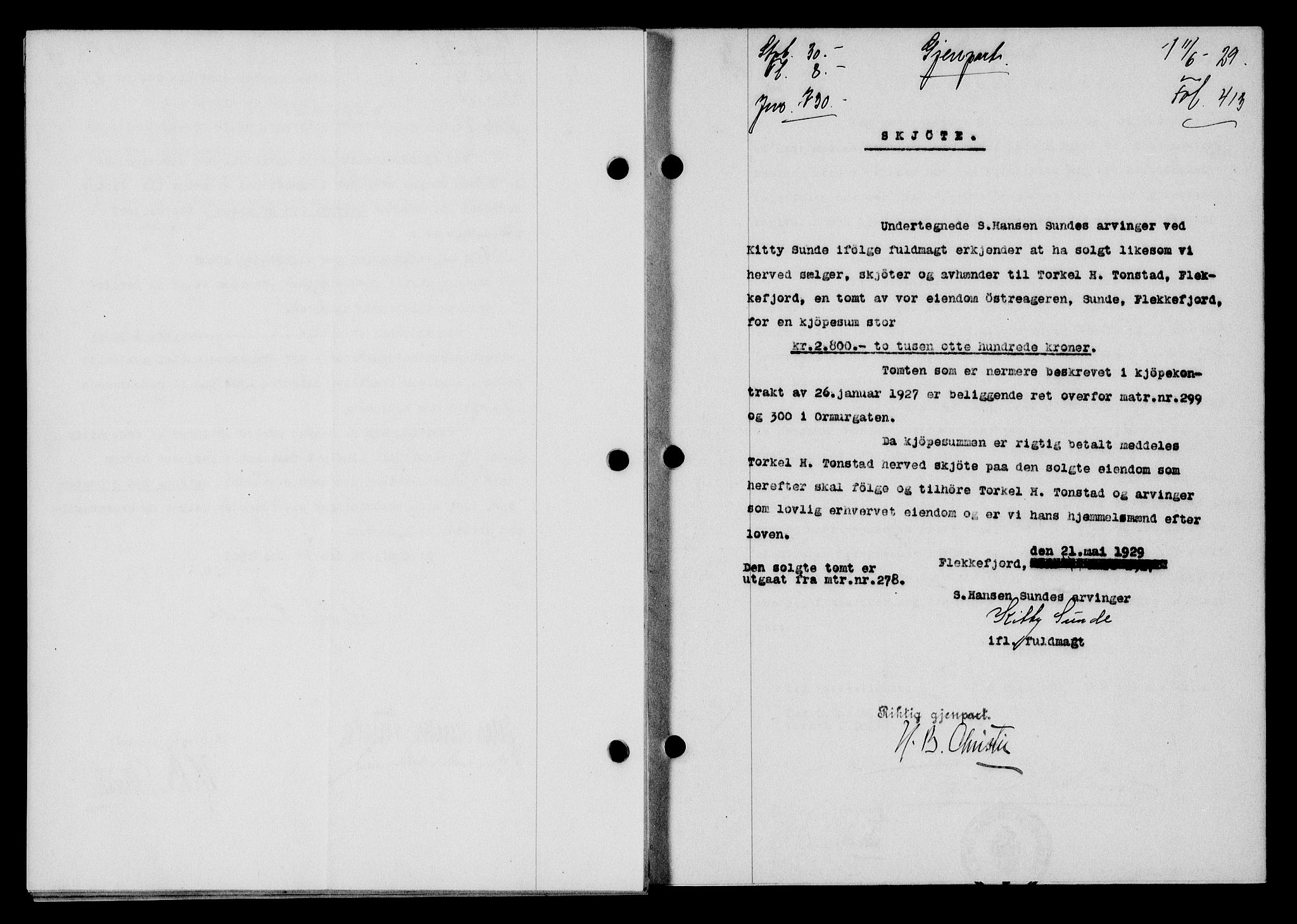 Flekkefjord sorenskriveri, SAK/1221-0001/G/Gb/Gba/L0045: Mortgage book no. 43, 1929-1930, Deed date: 11.06.1929