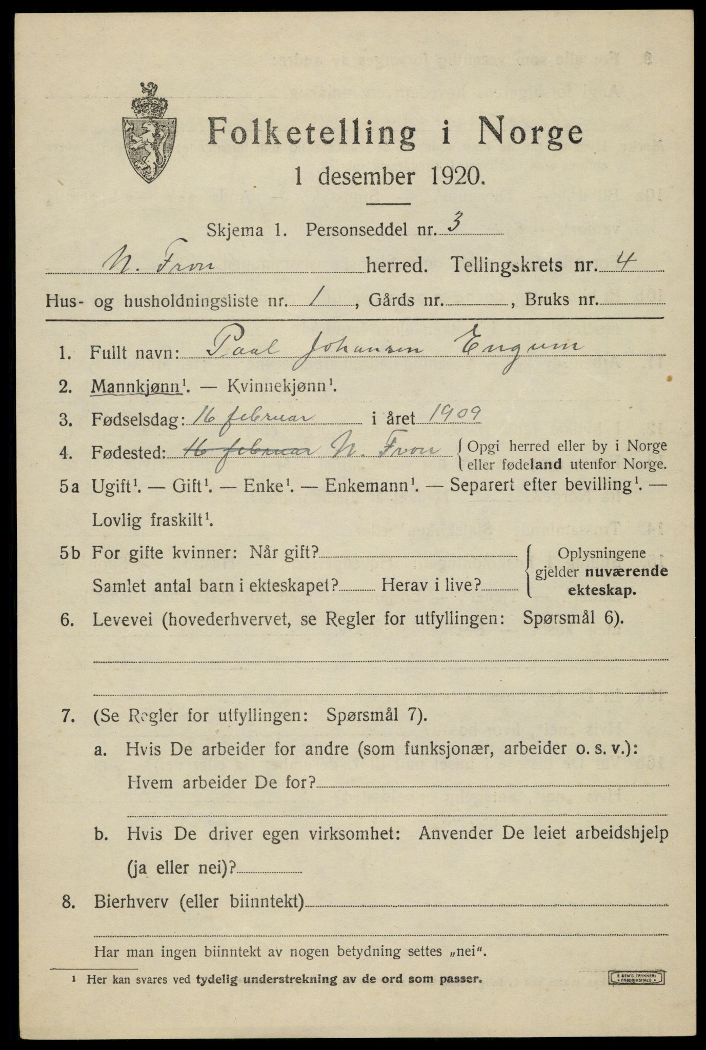 SAH, 1920 census for Nord-Fron, 1920, p. 4030
