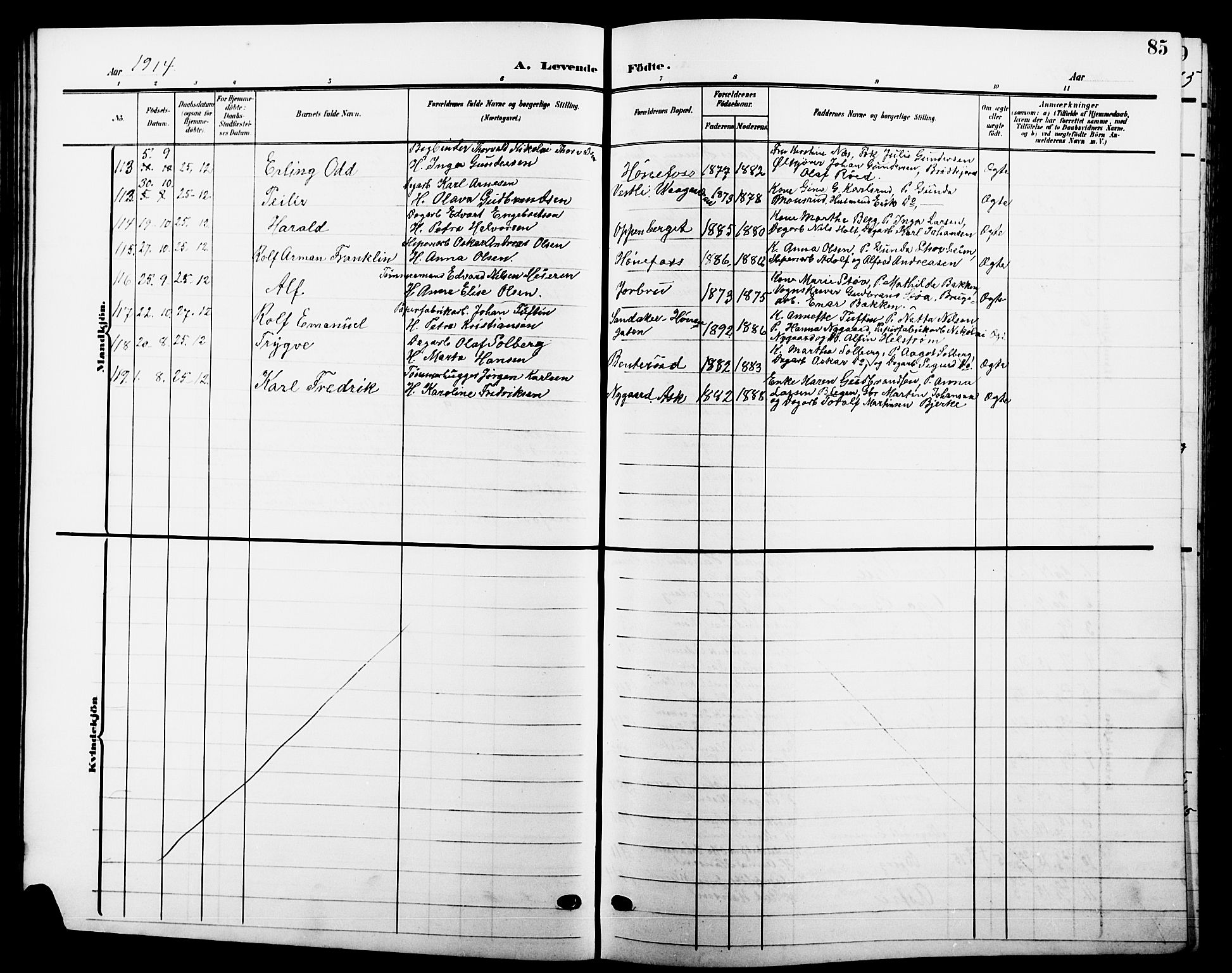 Hønefoss kirkebøker, AV/SAKO-A-609/G/Ga/L0003: Parish register (copy) no. 3, 1905-1925, p. 85