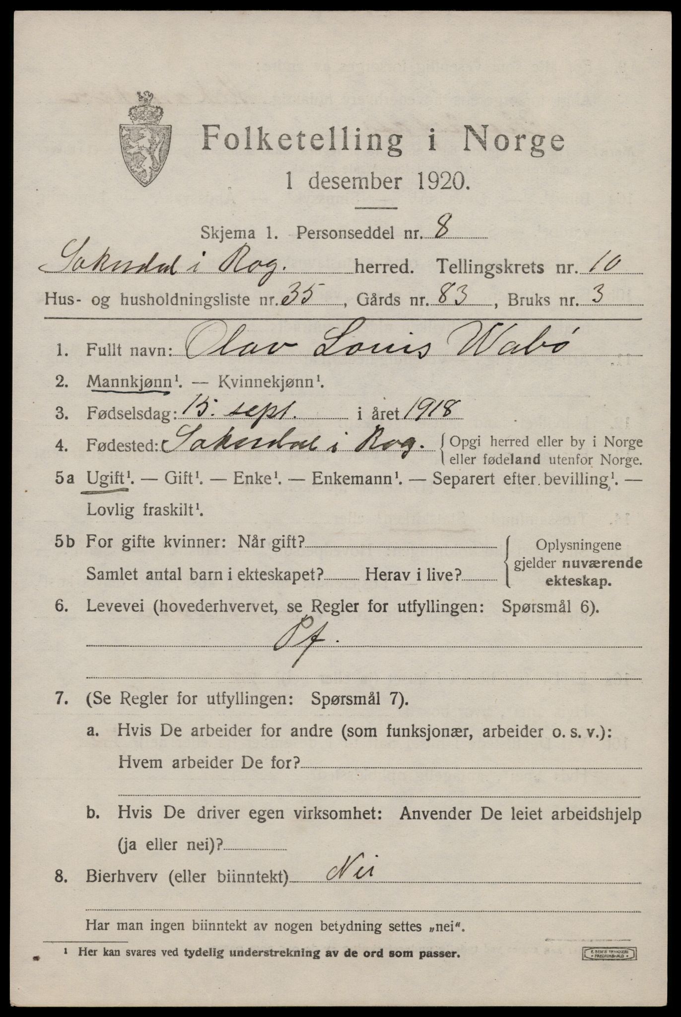 SAST, 1920 census for Sokndal, 1920, p. 6027