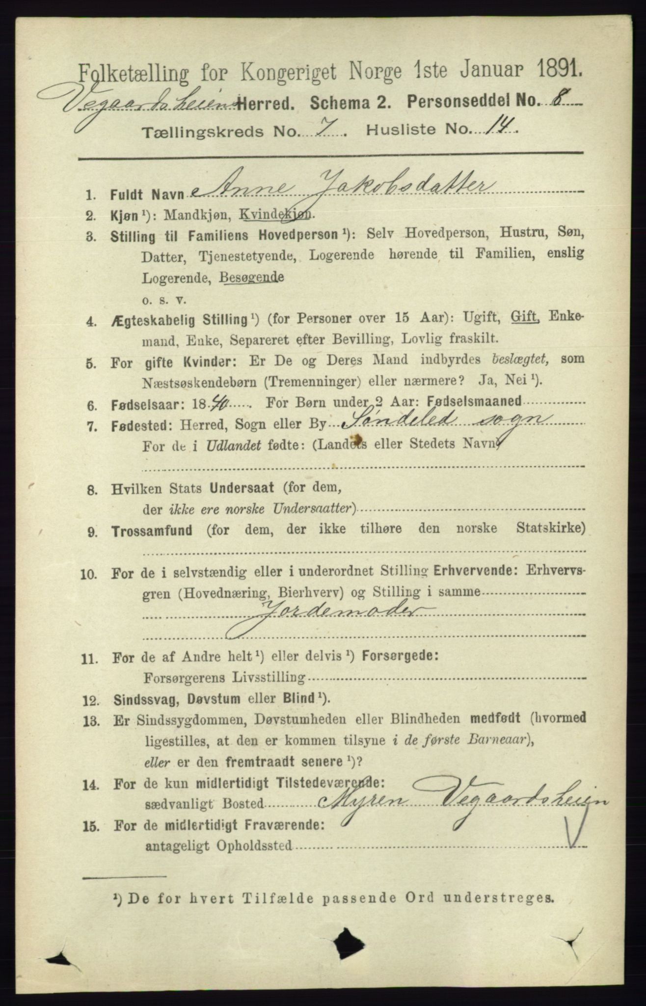 RA, 1891 census for 0912 Vegårshei, 1891, p. 1430