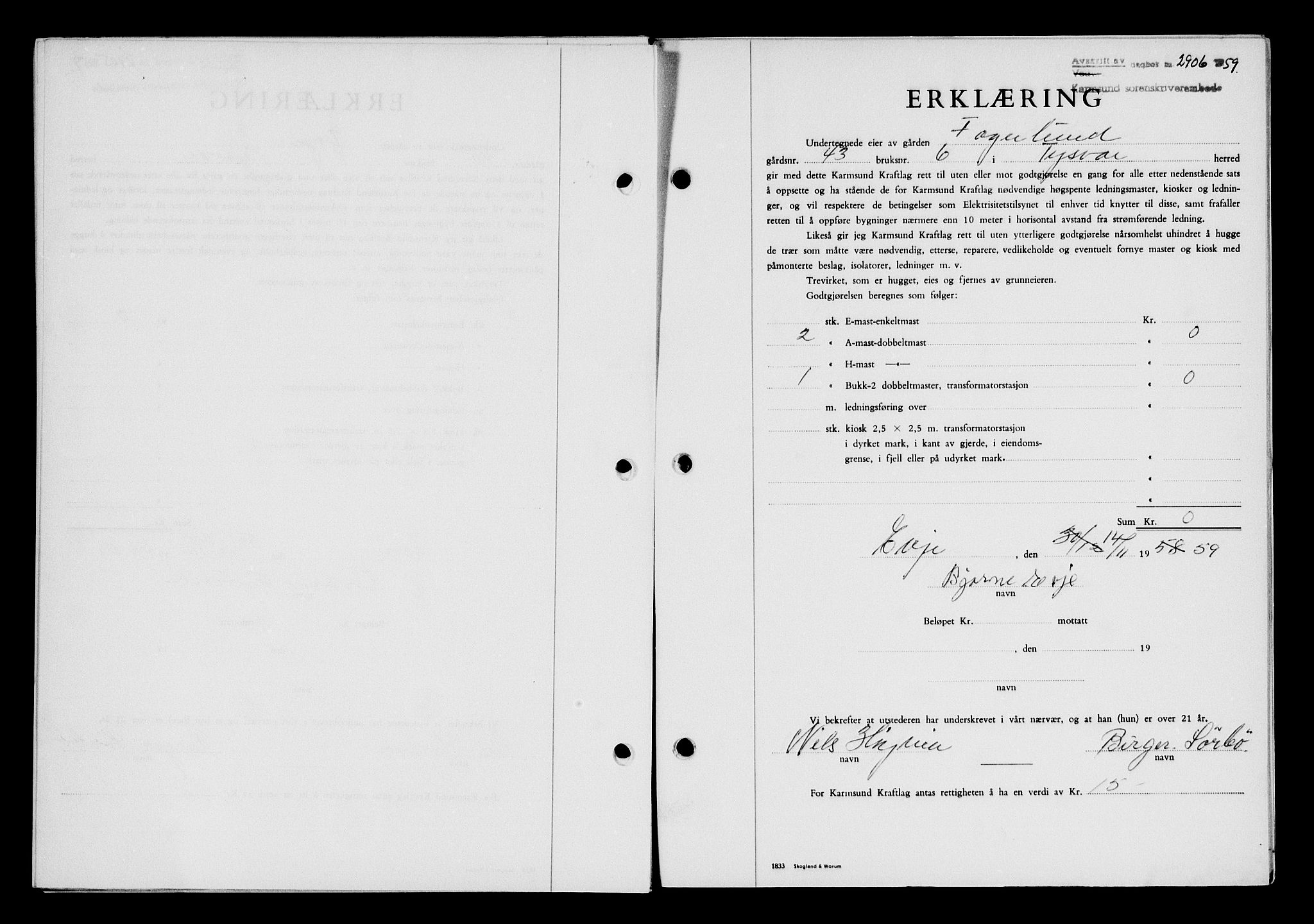 Karmsund sorenskriveri, AV/SAST-A-100311/01/II/IIB/L0132: Mortgage book no. 112A, 1959-1959, Diary no: : 2906/1959