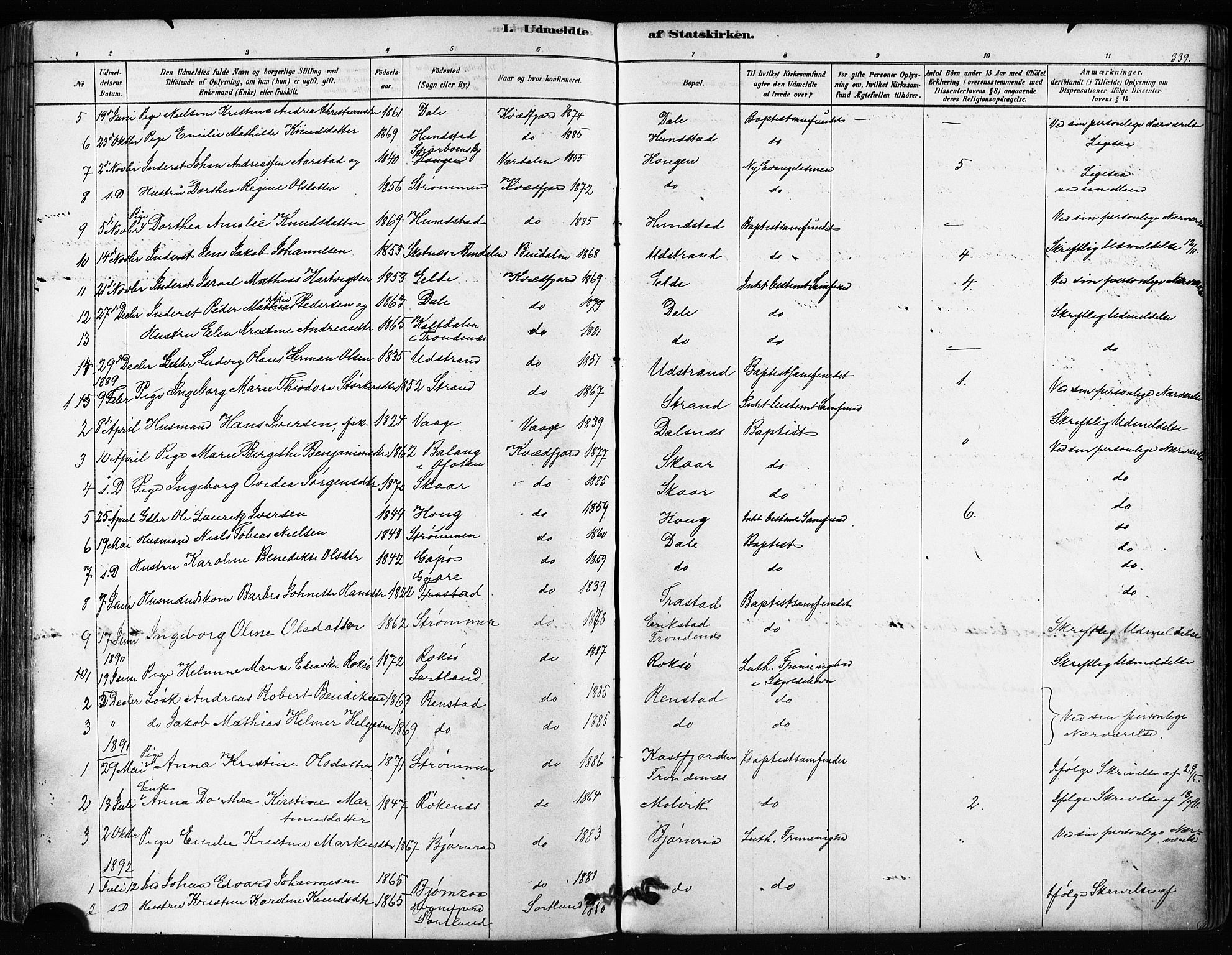 Kvæfjord sokneprestkontor, SATØ/S-1323/G/Ga/Gaa/L0005kirke: Parish register (official) no. 5, 1878-1894, p. 339
