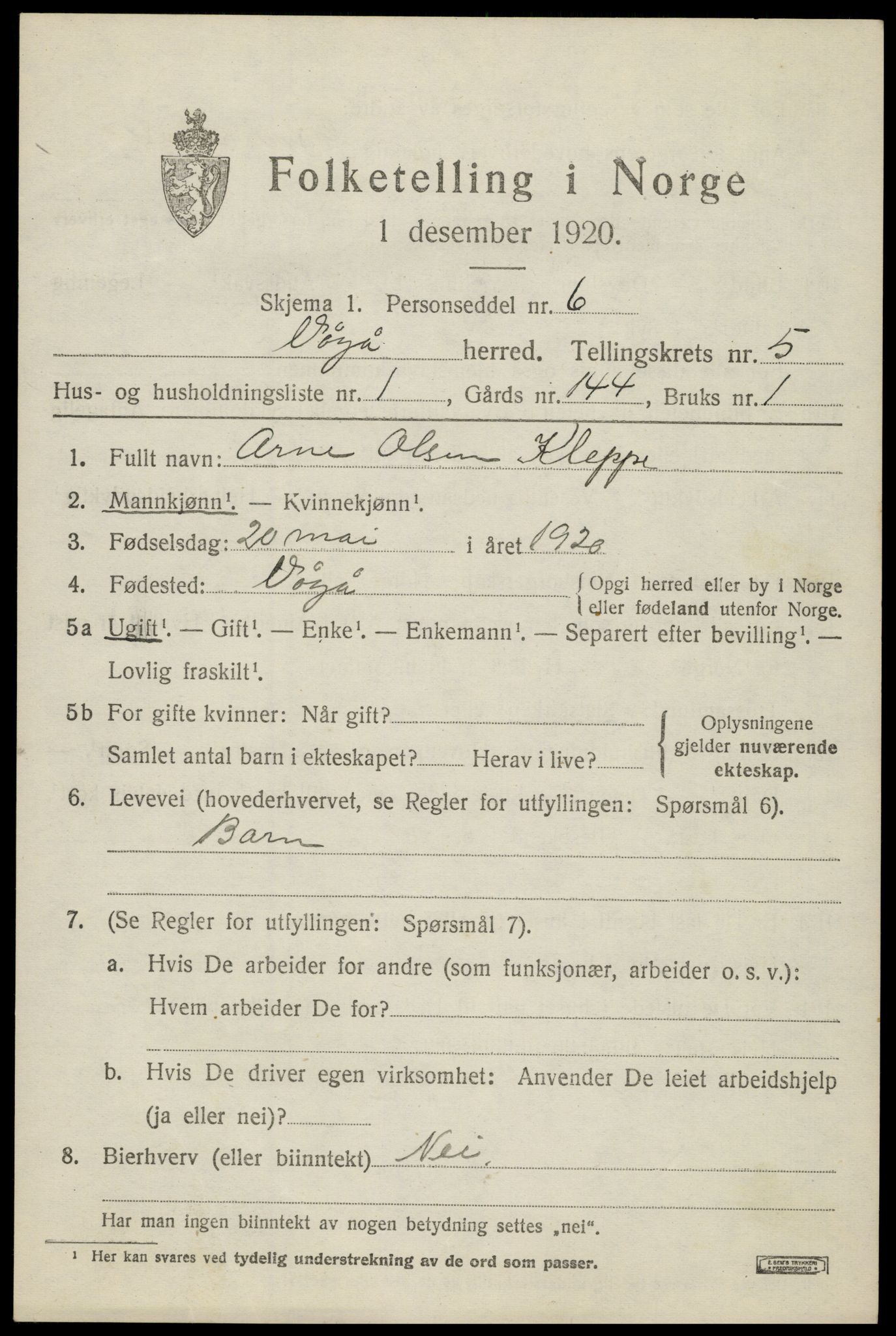 SAH, 1920 census for Vågå, 1920, p. 3942