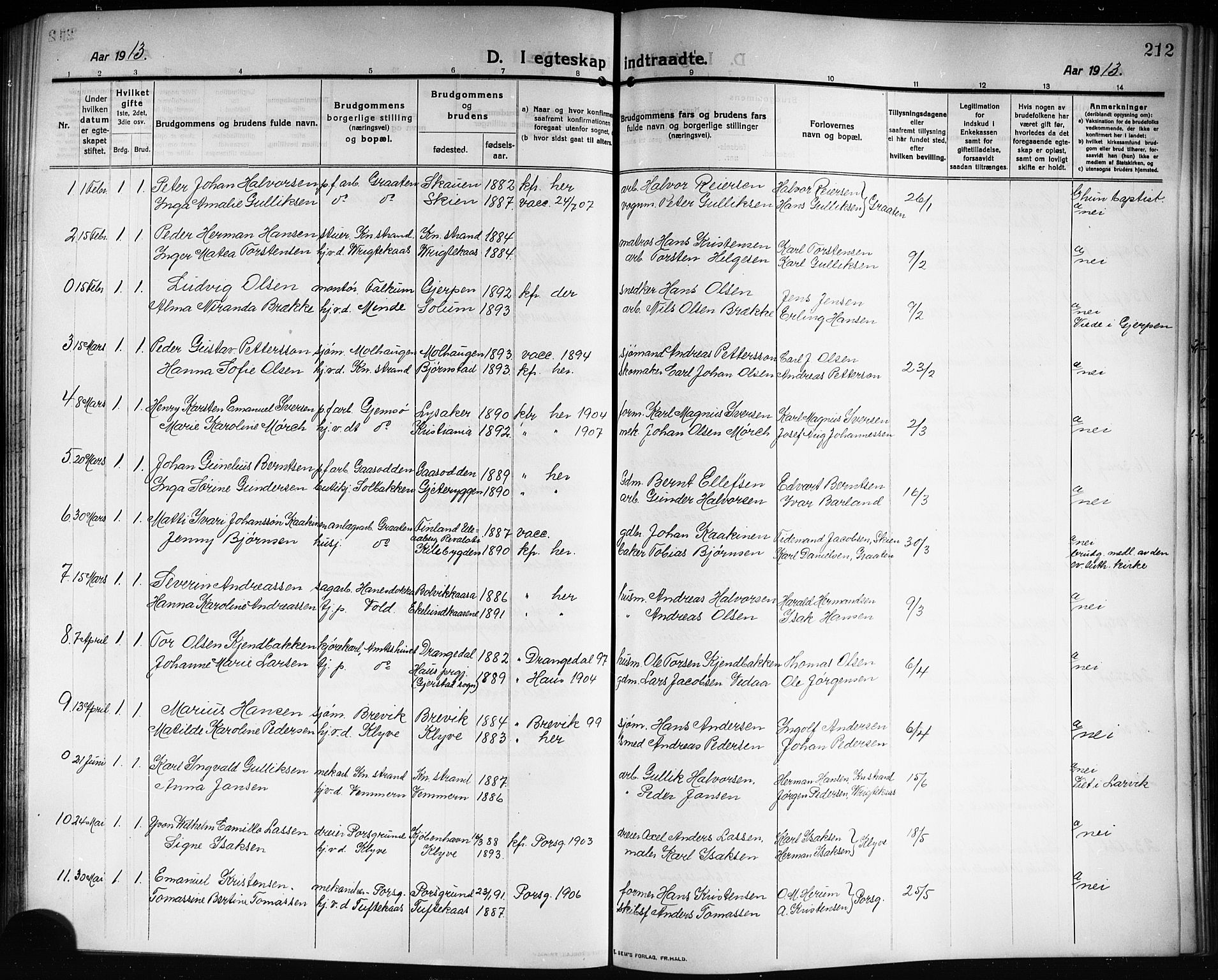 Solum kirkebøker, AV/SAKO-A-306/G/Ga/L0009: Parish register (copy) no. I 9, 1909-1922, p. 212