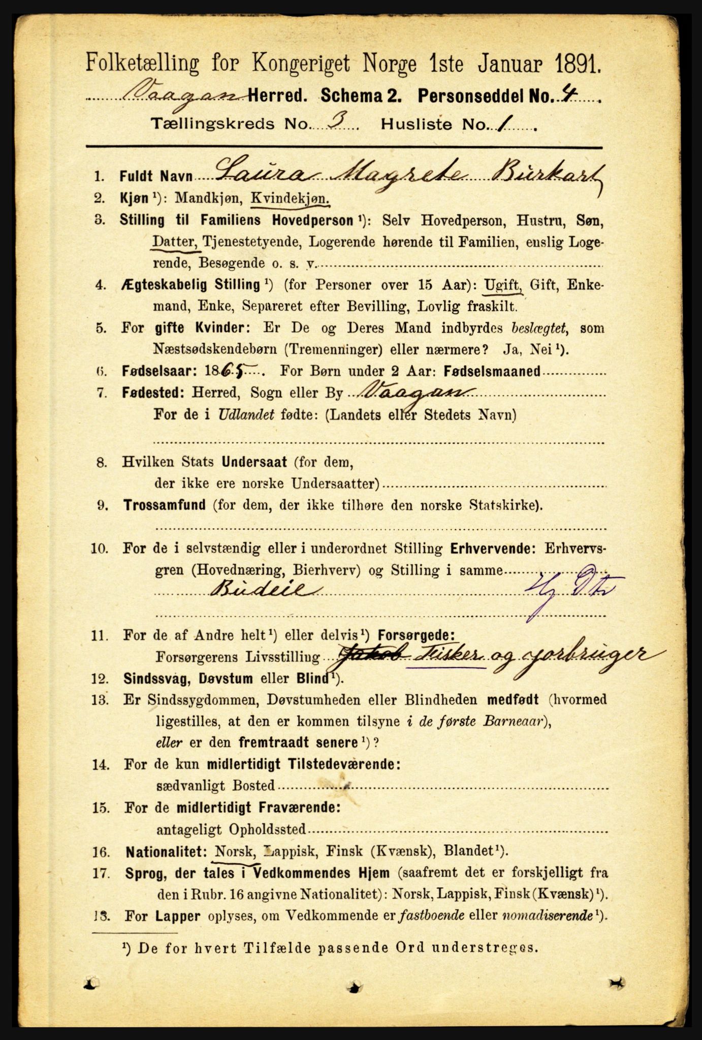 RA, 1891 census for 1865 Vågan, 1891, p. 690