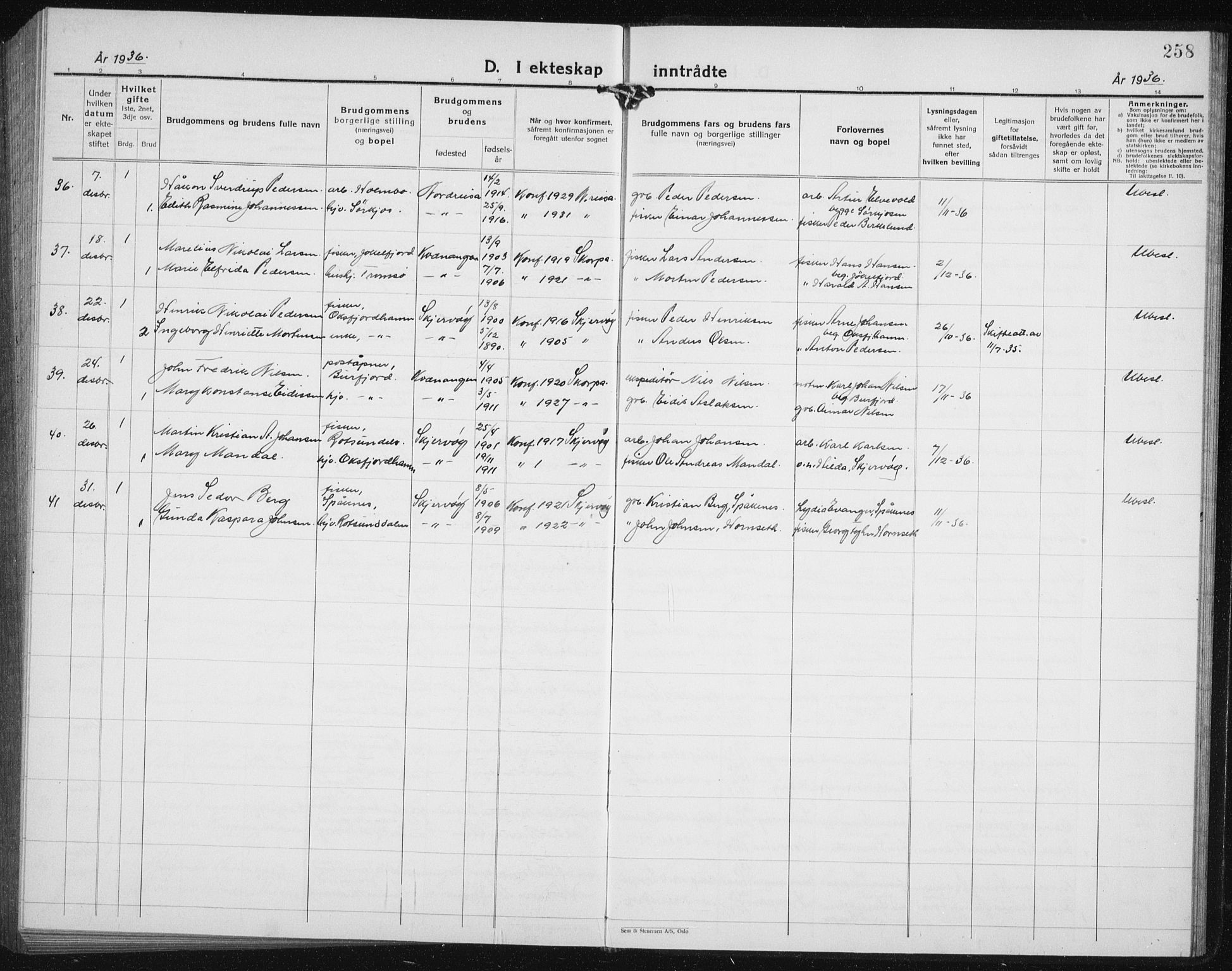 Skjervøy sokneprestkontor, AV/SATØ-S-1300/H/Ha/Hab/L0010klokker: Parish register (copy) no. 10, 1927-1941, p. 258