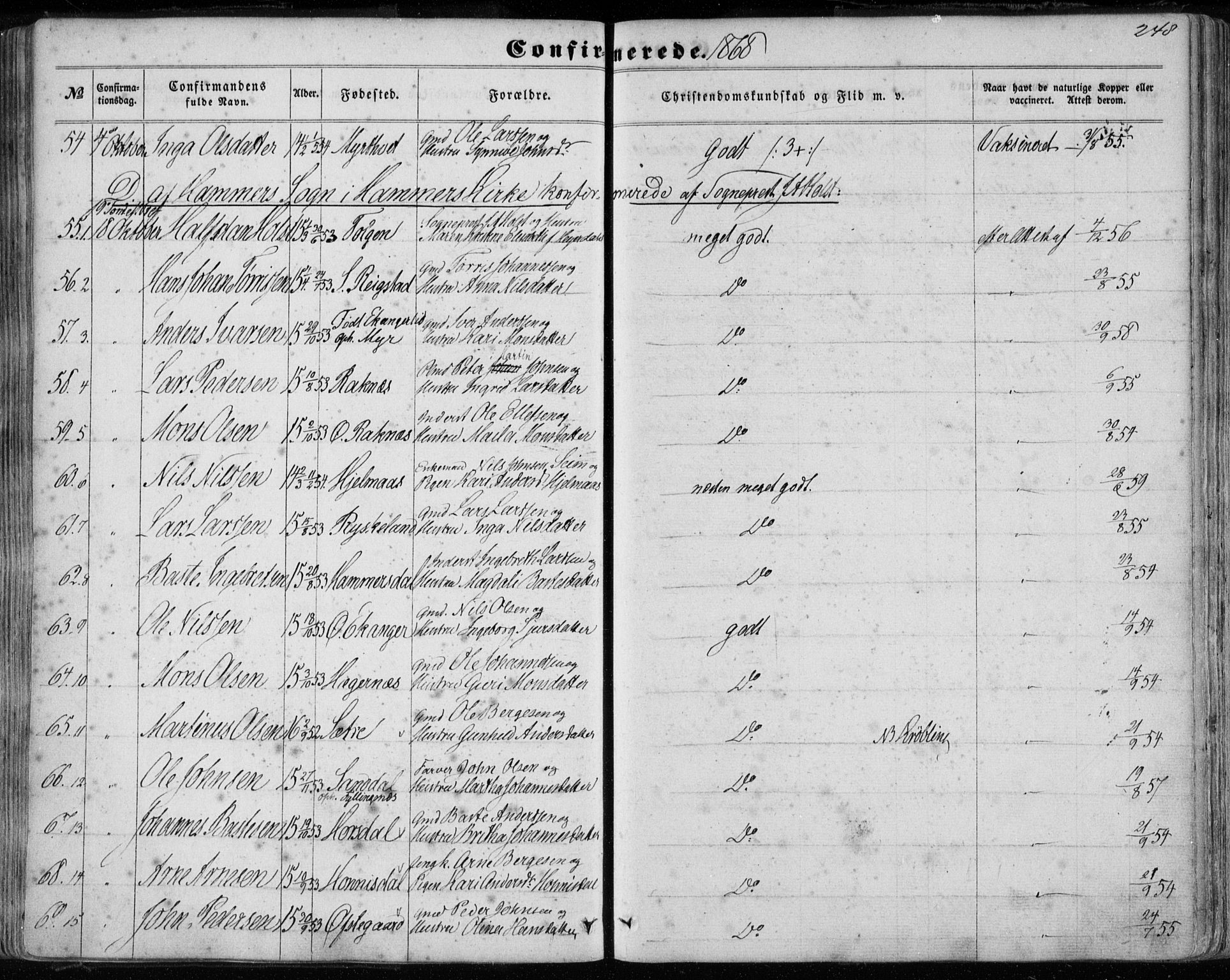 Hamre sokneprestembete, AV/SAB-A-75501/H/Ha/Haa/Haaa/L0014: Parish register (official) no. A 14, 1858-1872, p. 248