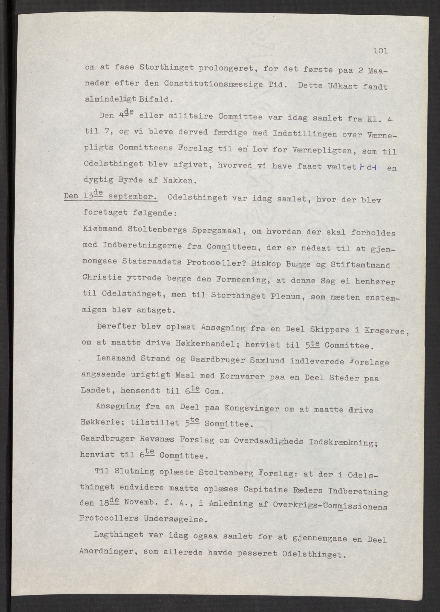 Manuskriptsamlingen, AV/RA-EA-3667/F/L0197: Wetlesen, Hans Jørgen (stortingsmann, ingeniørkaptein); Referat fra Stortinget 1815-1816, 1815-1816, p. 101