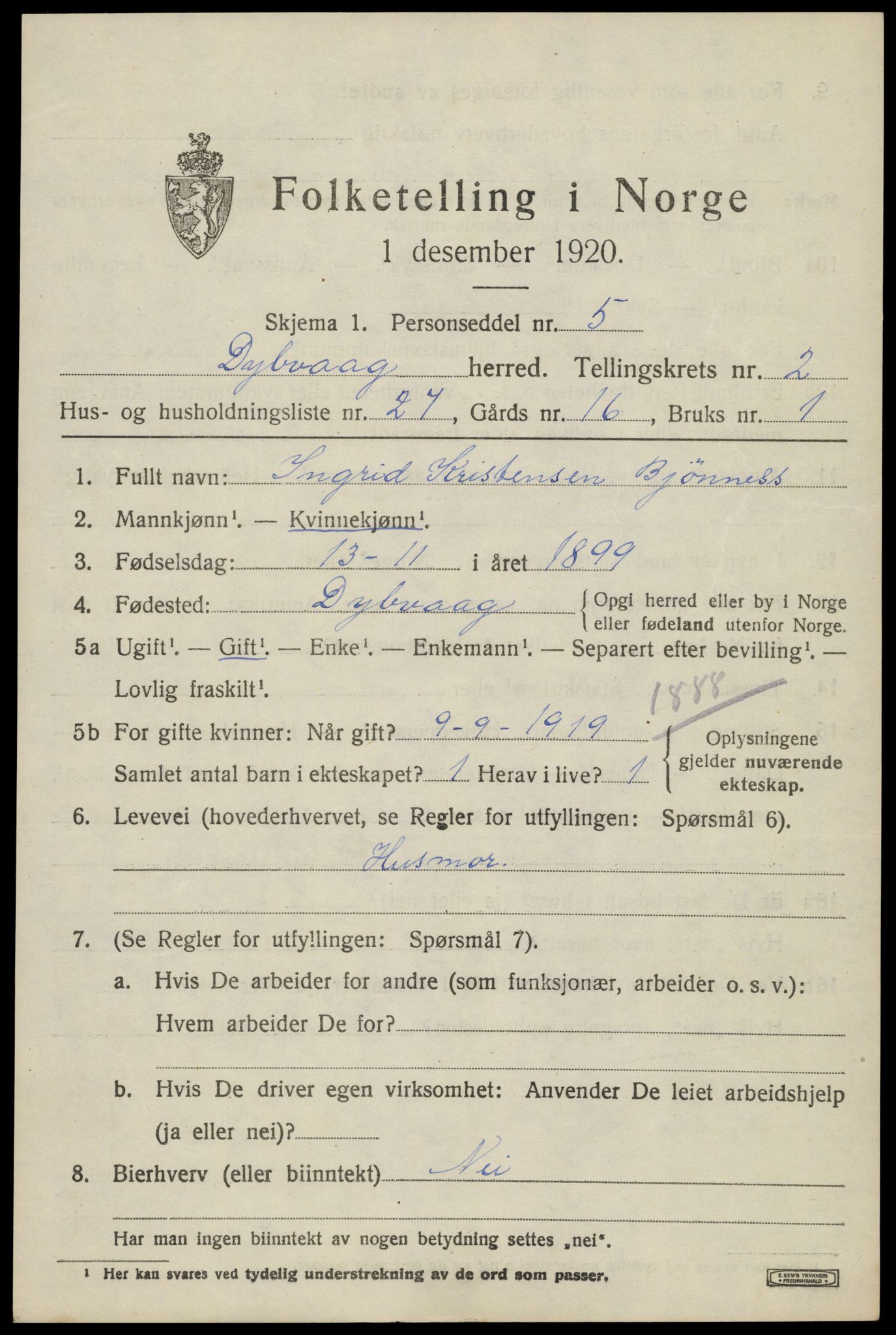 SAK, 1920 census for Dypvåg, 1920, p. 2287