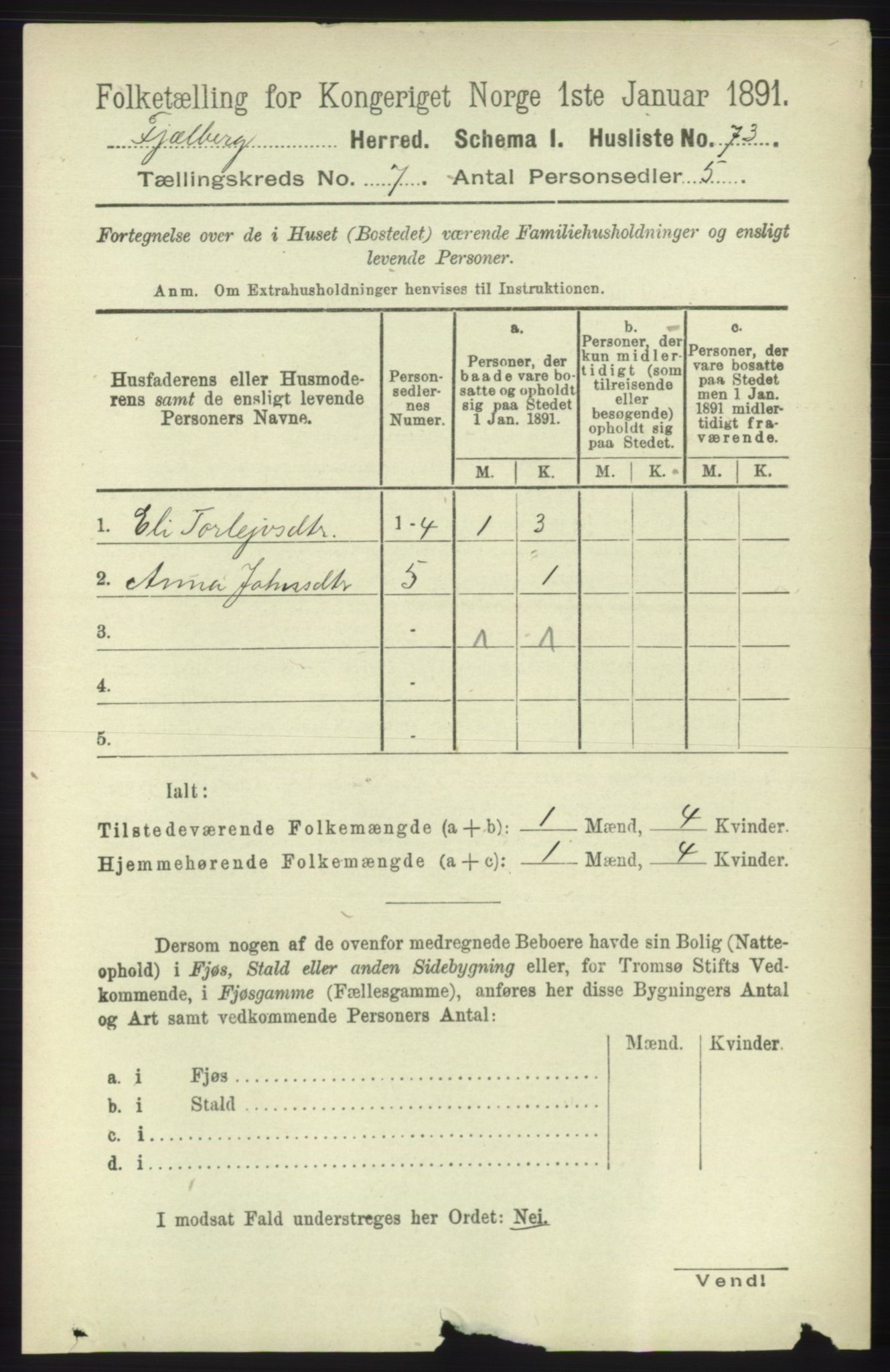 RA, 1891 census for 1213 Fjelberg, 1891, p. 2395