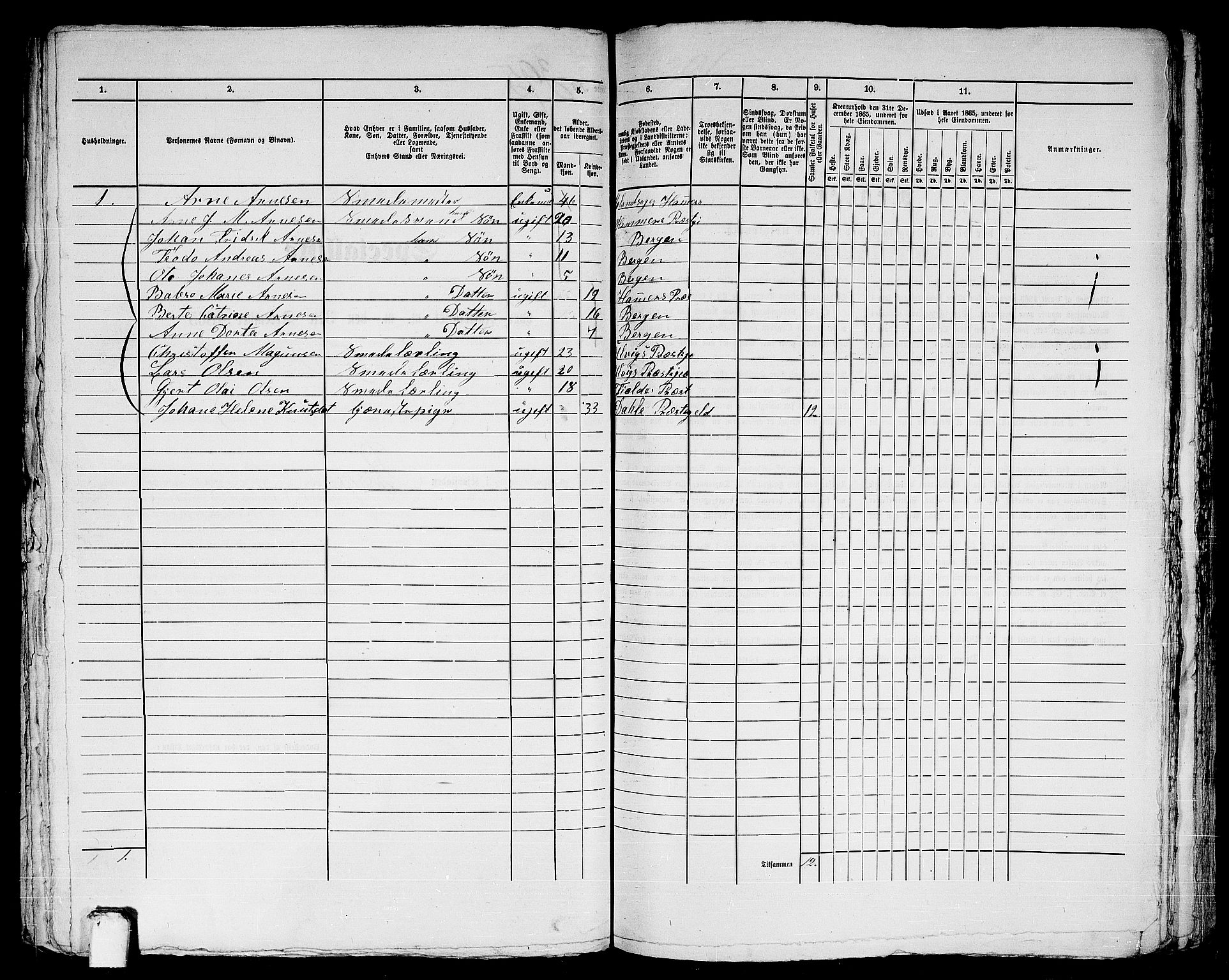 RA, 1865 census for Bergen, 1865, p. 848