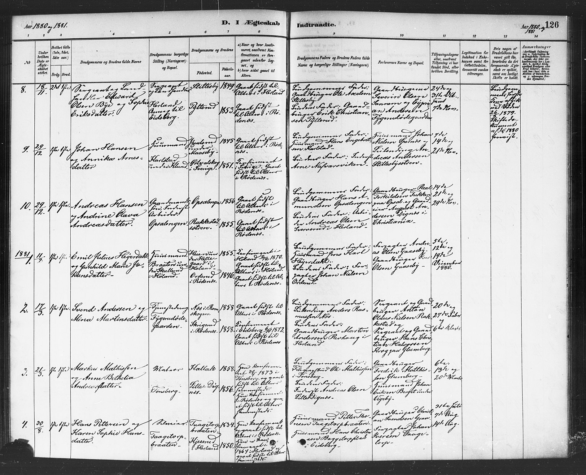Rødenes prestekontor Kirkebøker, SAO/A-2005/F/Fa/L0009: Parish register (official) no. I 9, 1880-1889, p. 126
