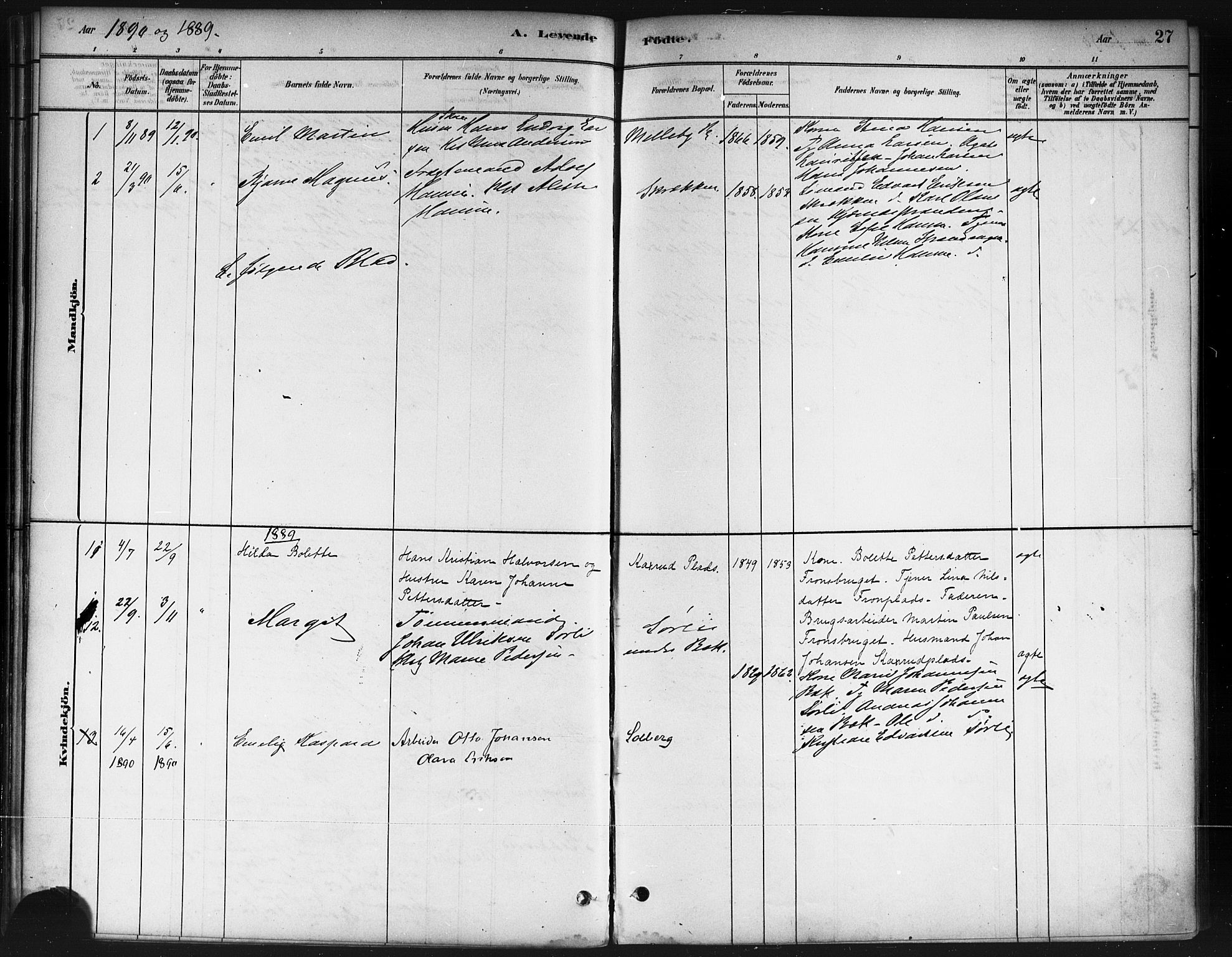 Ås prestekontor Kirkebøker, AV/SAO-A-10894/F/Fb/L0001: Parish register (official) no. II 1, 1881-1895, p. 27