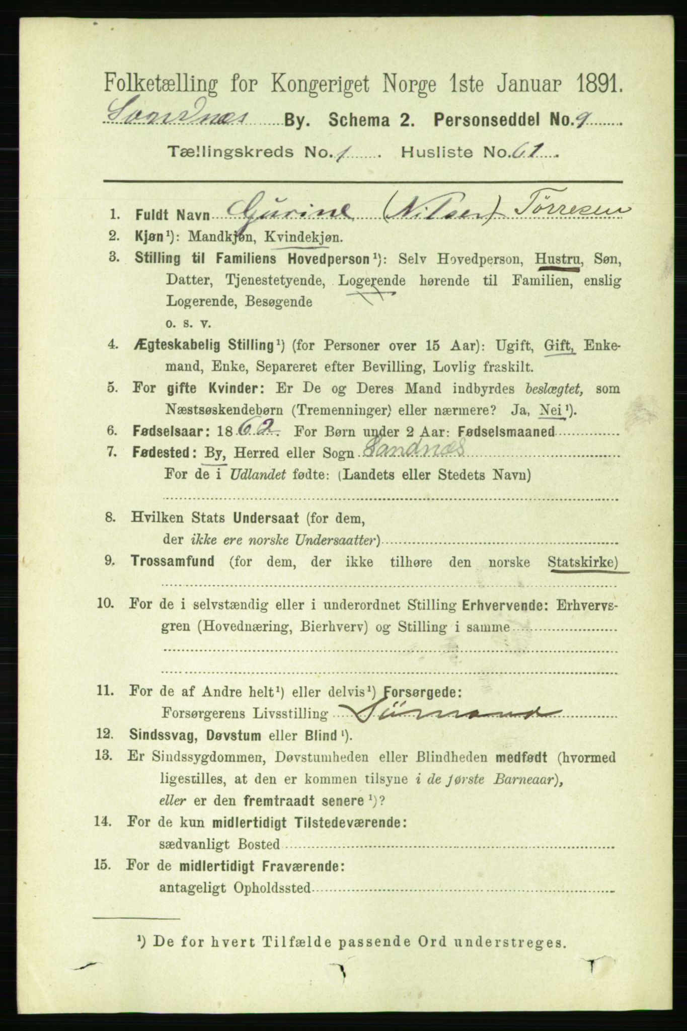 RA, 1891 census for 1102 Sandnes, 1891, p. 929