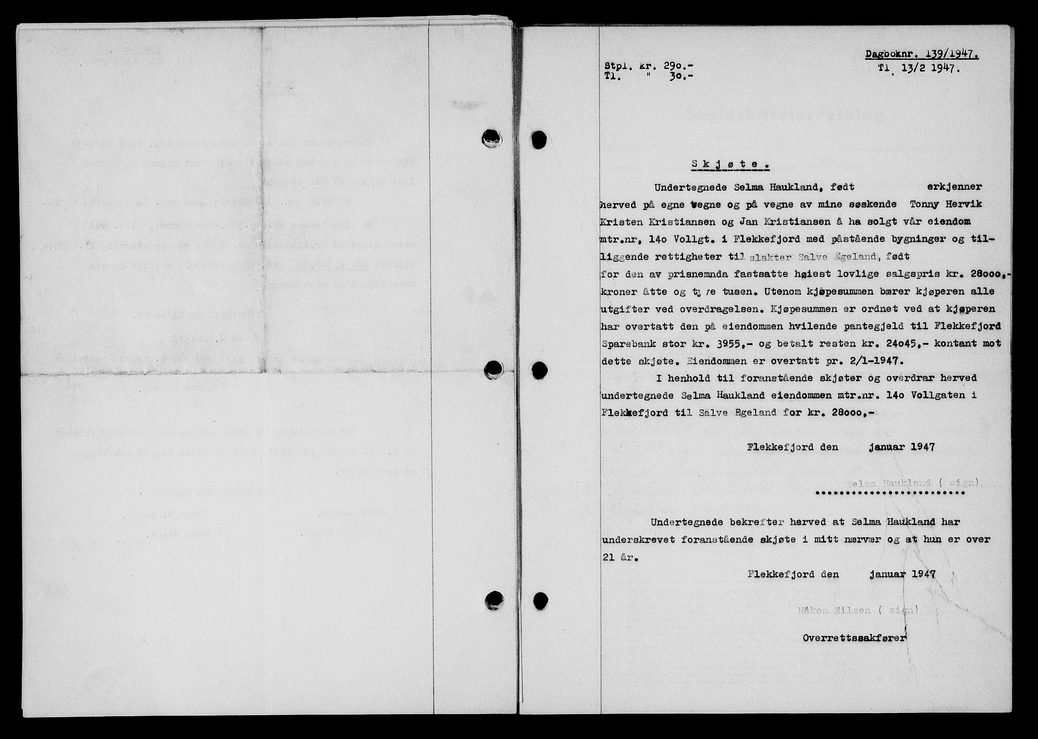 Flekkefjord sorenskriveri, SAK/1221-0001/G/Gb/Gba/L0061: Mortgage book no. A-9, 1946-1947, Diary no: : 139/1947