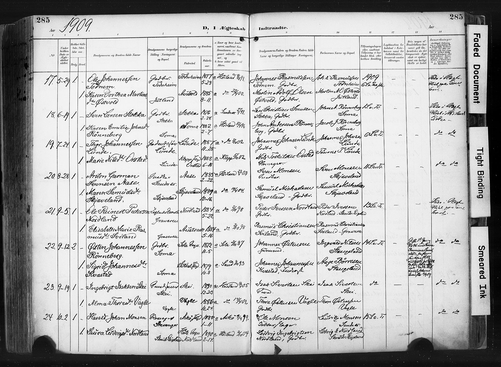 Høyland sokneprestkontor, AV/SAST-A-101799/001/30BA/L0015: Parish register (official) no. A 14, 1899-1911, p. 285