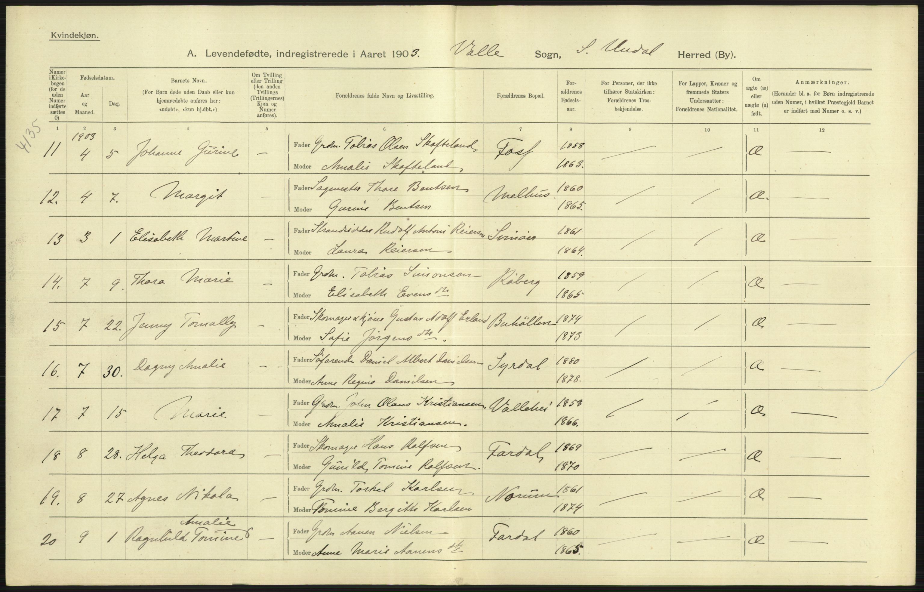 Statistisk sentralbyrå, Sosiodemografiske emner, Befolkning, AV/RA-S-2228/D/Df/Dfa/Dfaa/L0011: Lister og Mandal amt: Fødte, gifte, døde, 1903, p. 107