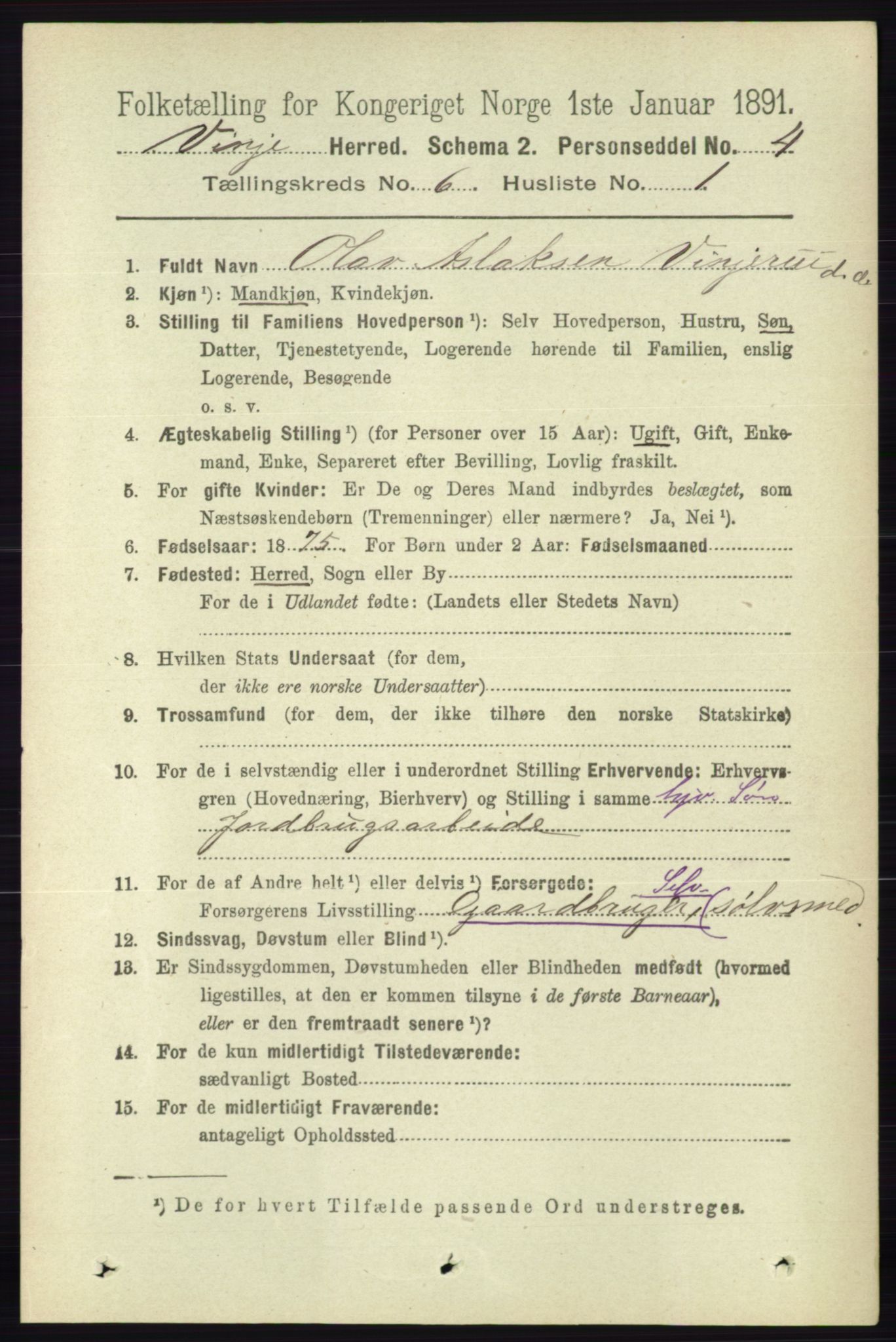 RA, 1891 census for 0834 Vinje, 1891, p. 1414