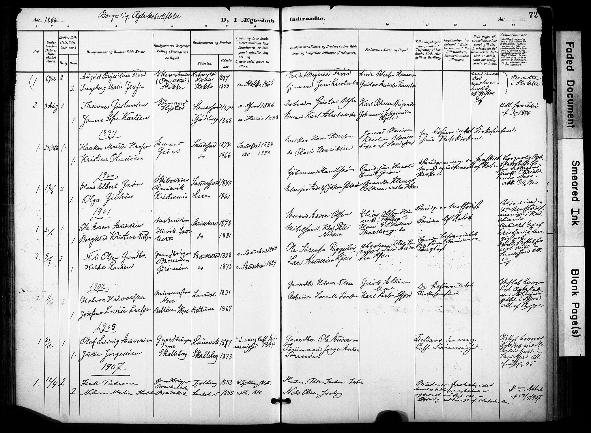 Sandar kirkebøker, SAKO/A-243/F/Fa/L0015: Parish register (official) no. 15, 1896-1907, p. 72
