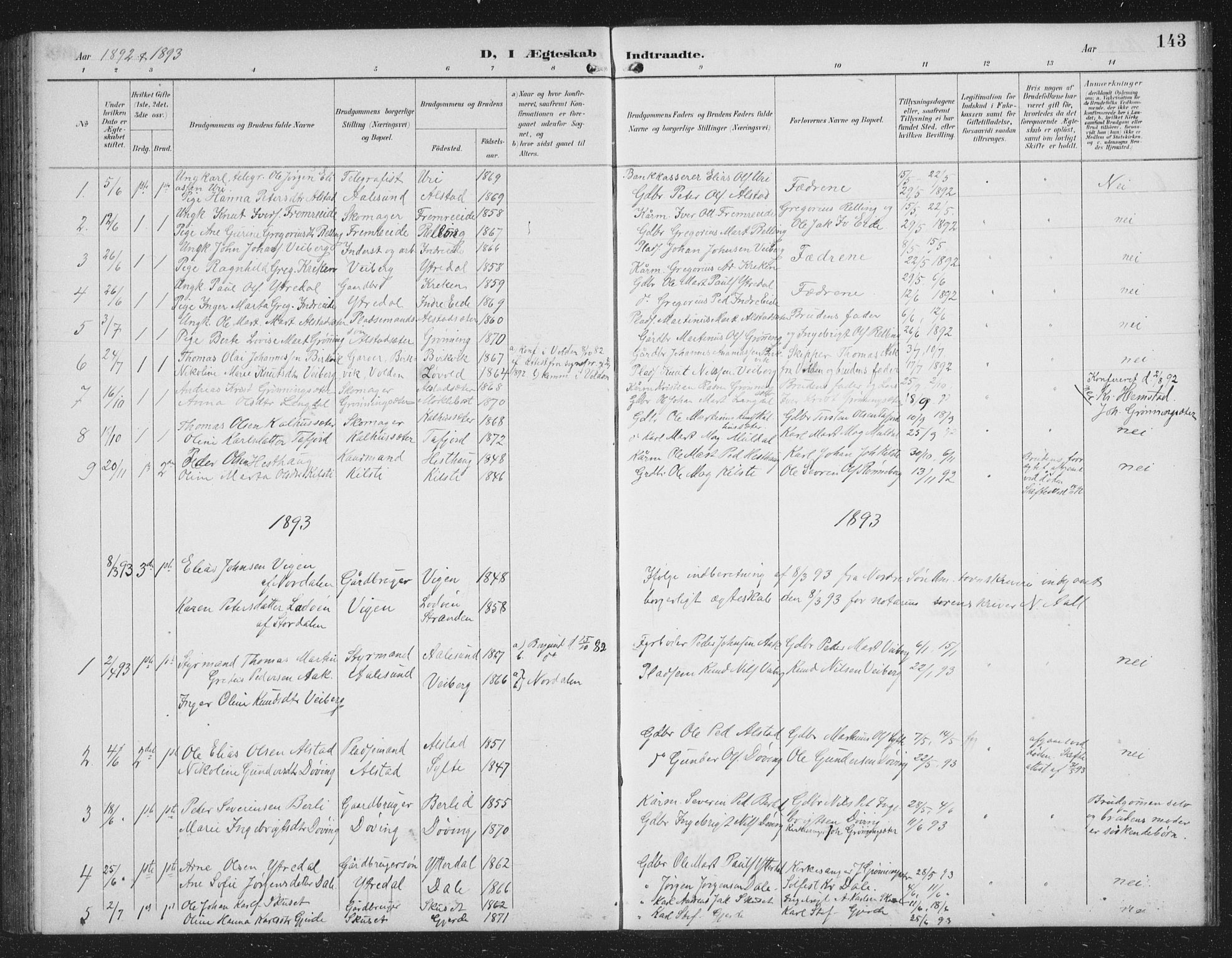 Ministerialprotokoller, klokkerbøker og fødselsregistre - Møre og Romsdal, SAT/A-1454/519/L0264: Parish register (copy) no. 519C05, 1892-1910, p. 143