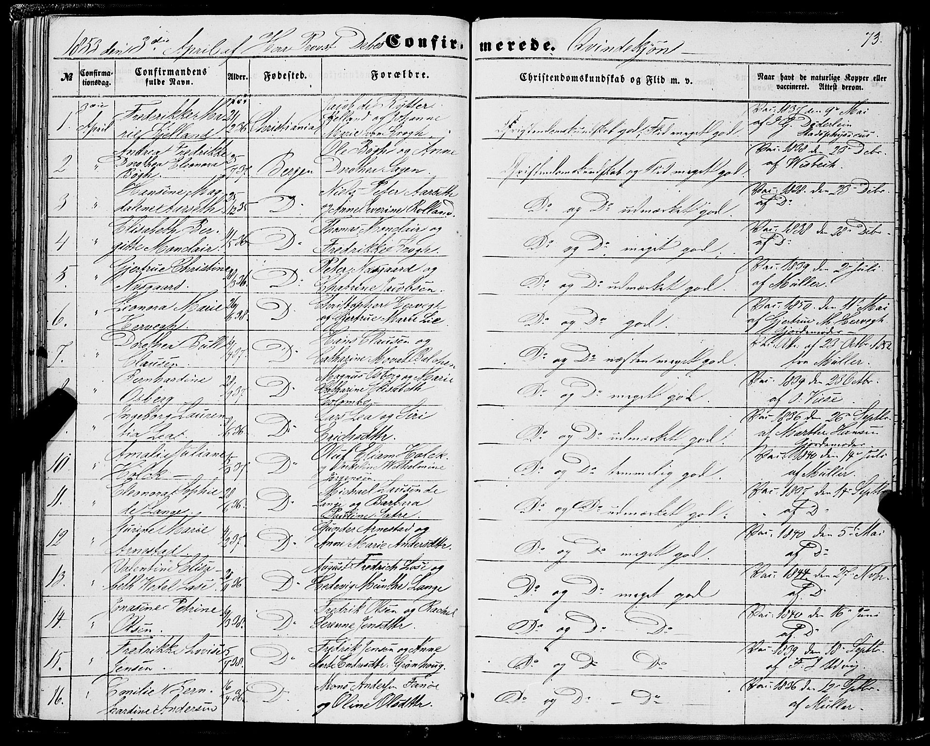 Domkirken sokneprestembete, SAB/A-74801/H/Haa/L0028: Parish register (official) no. C 3, 1852-1864, p. 73