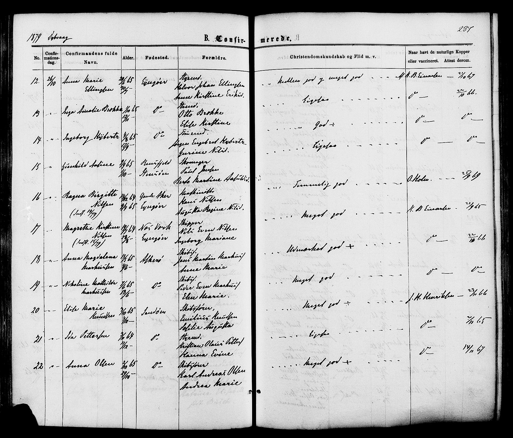 Dypvåg sokneprestkontor, AV/SAK-1111-0007/F/Fa/Faa/L0007: Parish register (official) no. A 7/ 1, 1872-1884, p. 287