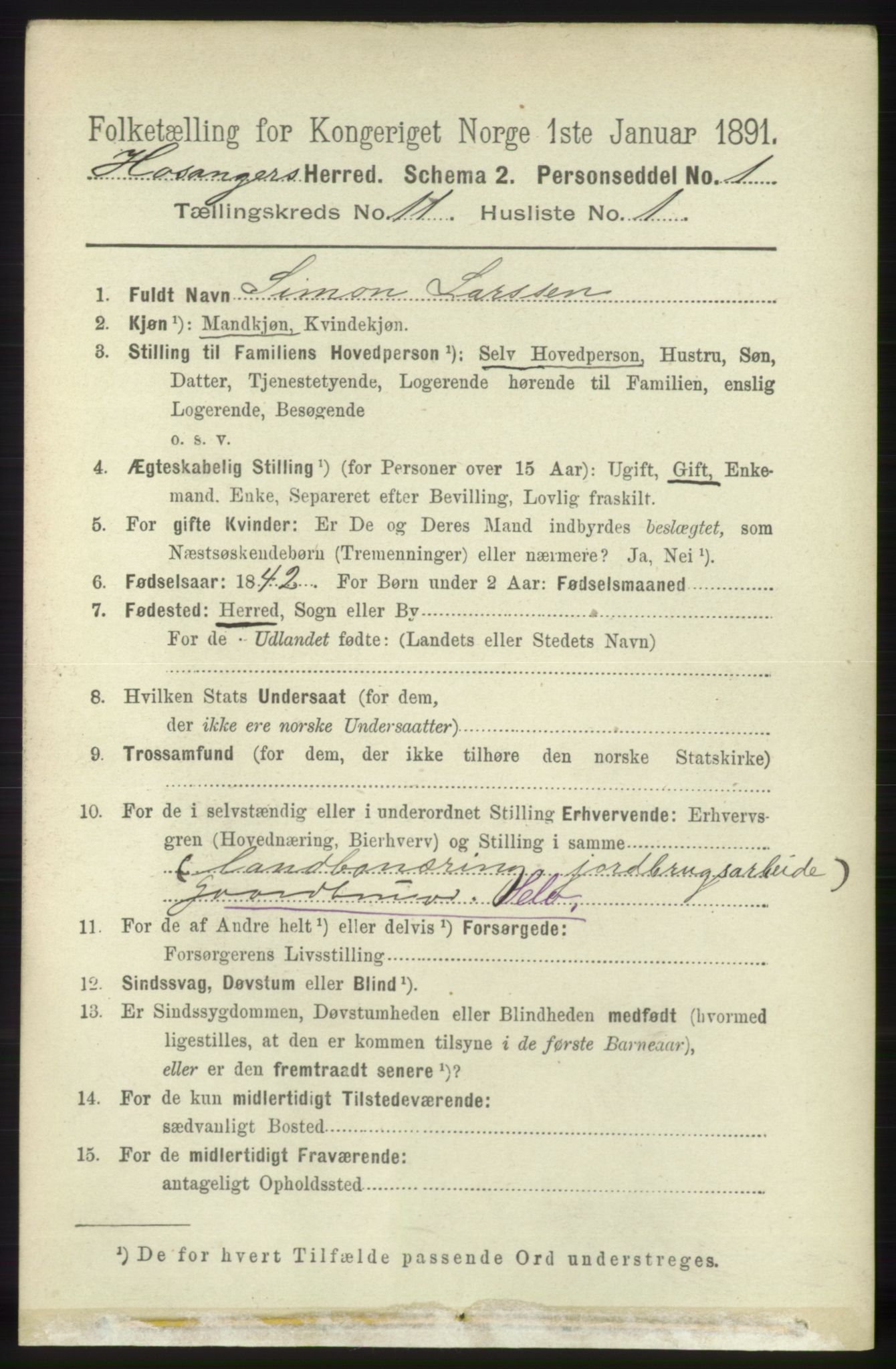 RA, 1891 census for 1253 Hosanger, 1891, p. 3692