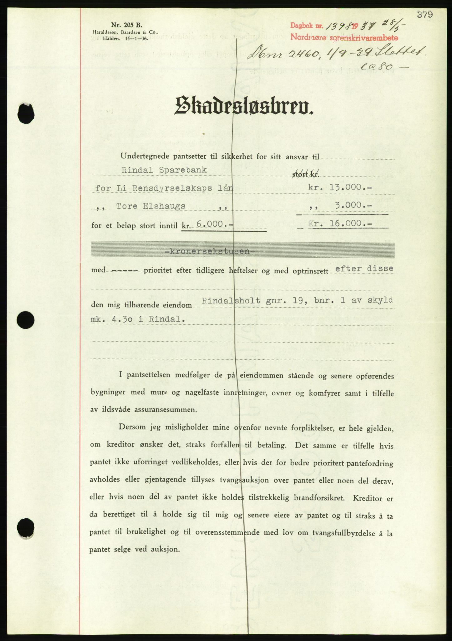 Nordmøre sorenskriveri, AV/SAT-A-4132/1/2/2Ca/L0091: Mortgage book no. B81, 1937-1937, Diary no: : 1398/1937