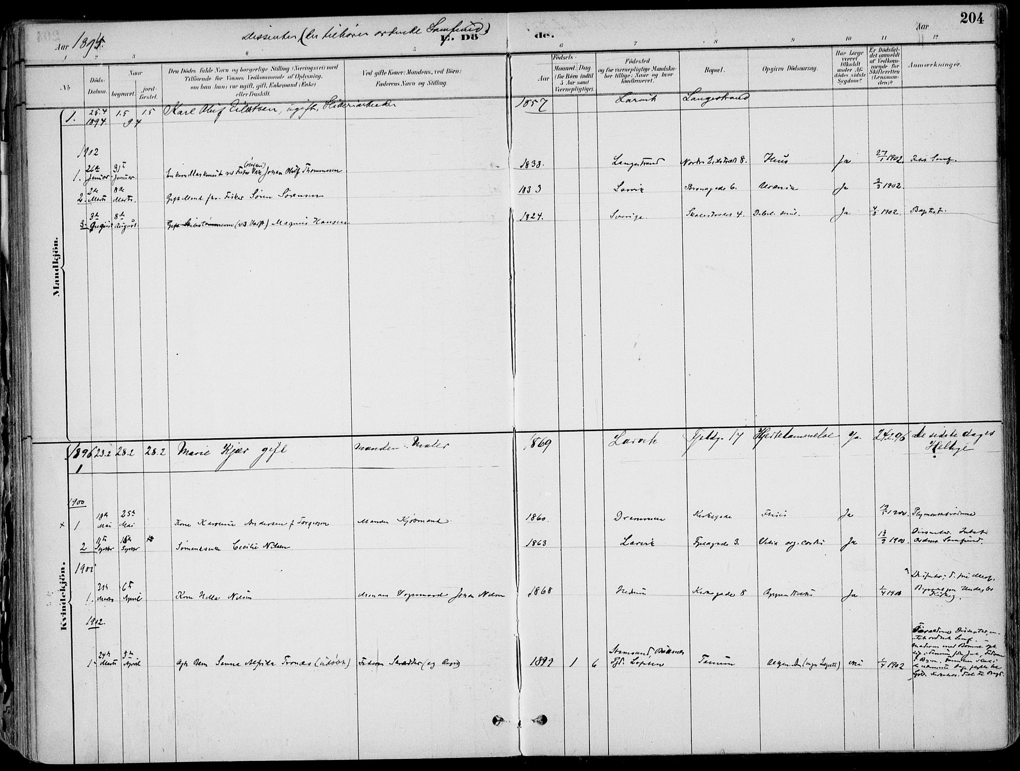 Larvik kirkebøker, AV/SAKO-A-352/F/Fb/L0004: Parish register (official) no. II 4, 1884-1902, p. 204