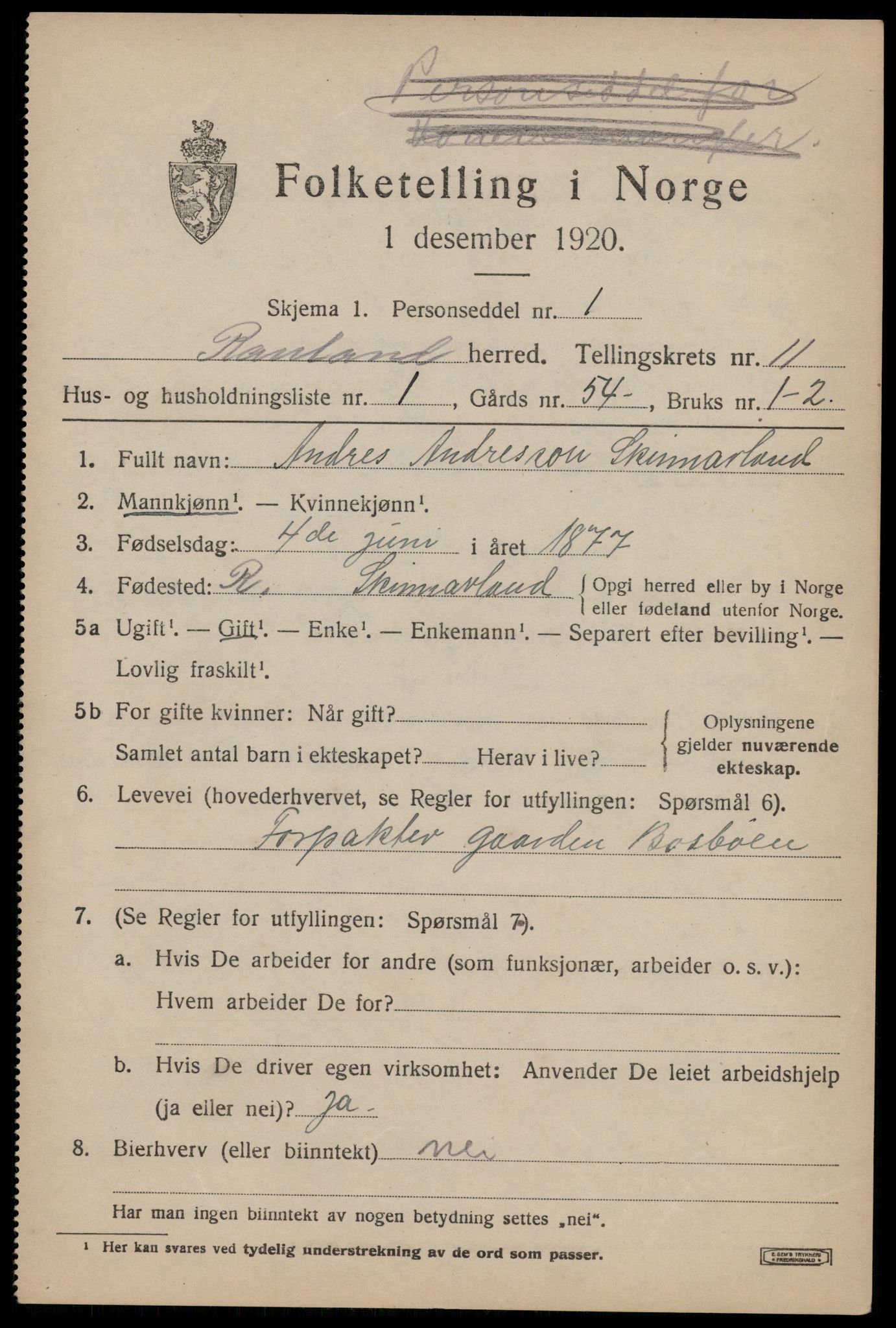 SAKO, 1920 census for Rauland, 1920, p. 2440