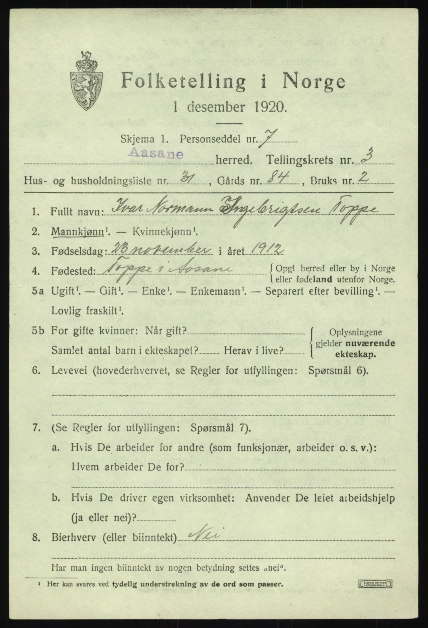 SAB, 1920 census for Åsane, 1920, p. 2439