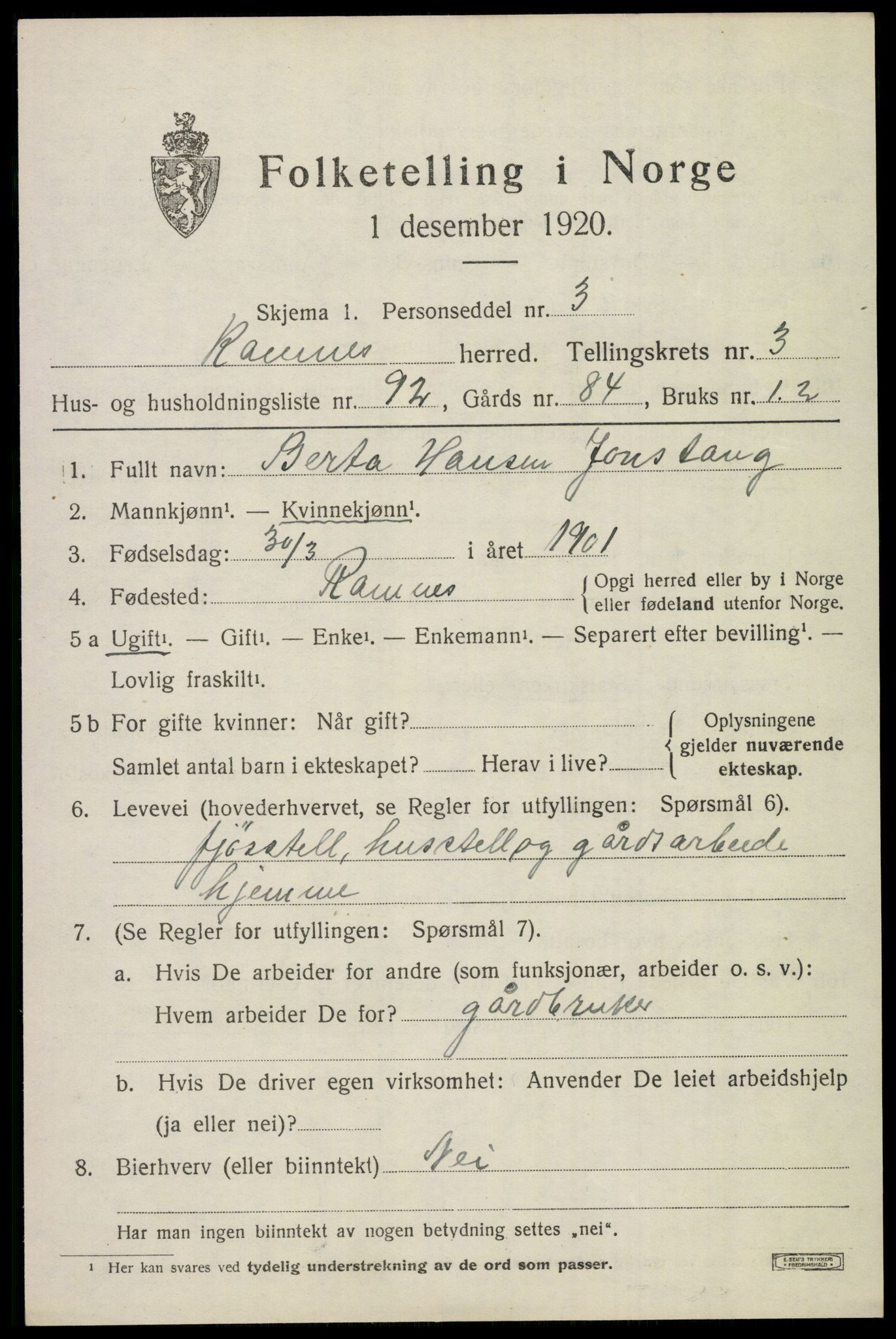 SAKO, 1920 census for Ramnes, 1920, p. 4304