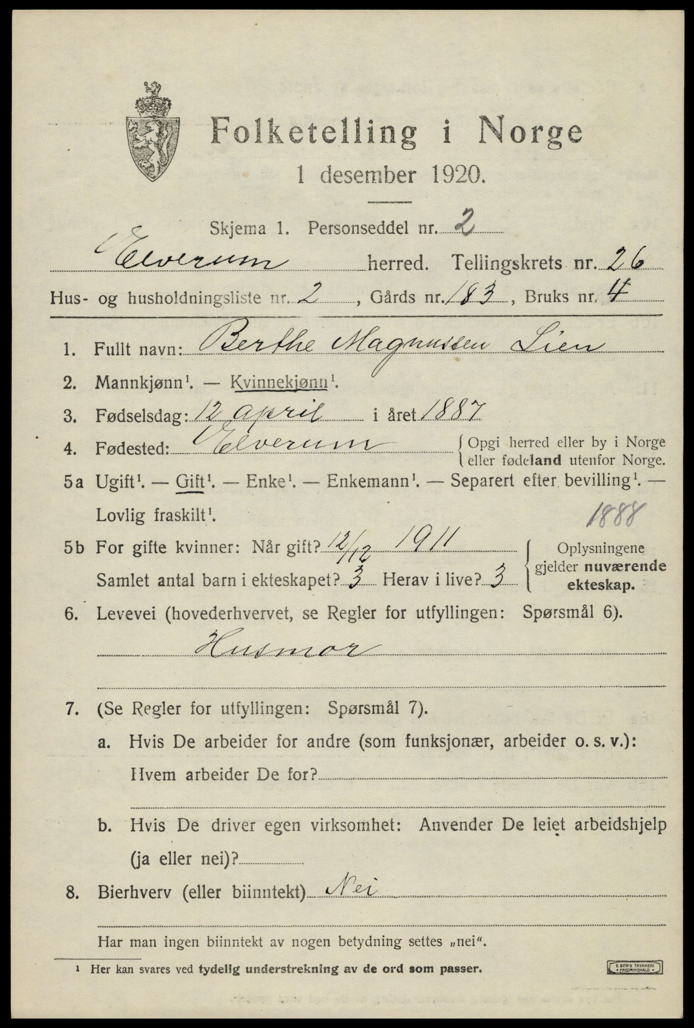 SAH, 1920 census for Elverum, 1920, p. 26842