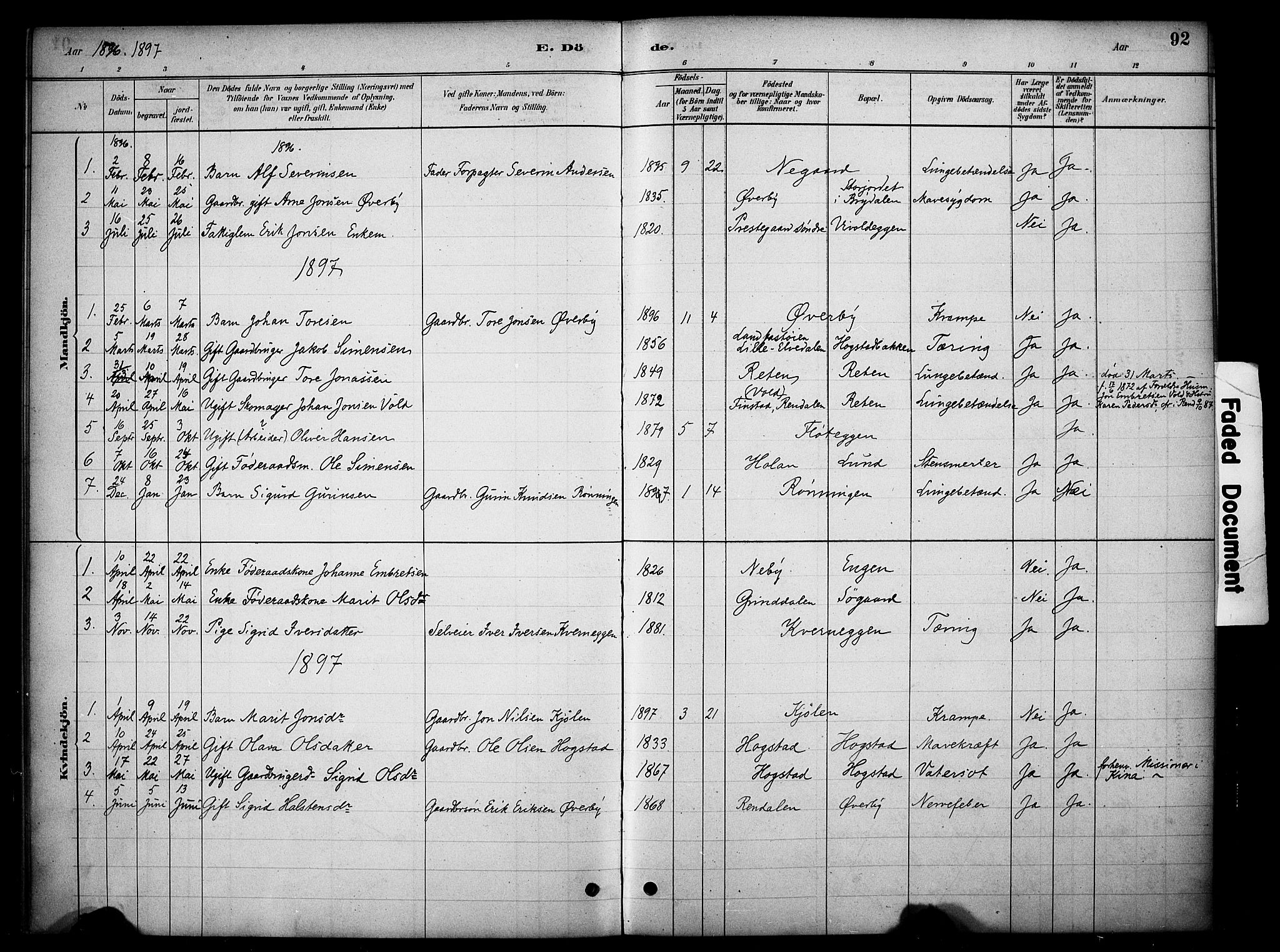 Tynset prestekontor, SAH/PREST-058/H/Ha/Haa/L0023: Parish register (official) no. 23, 1880-1901, p. 92