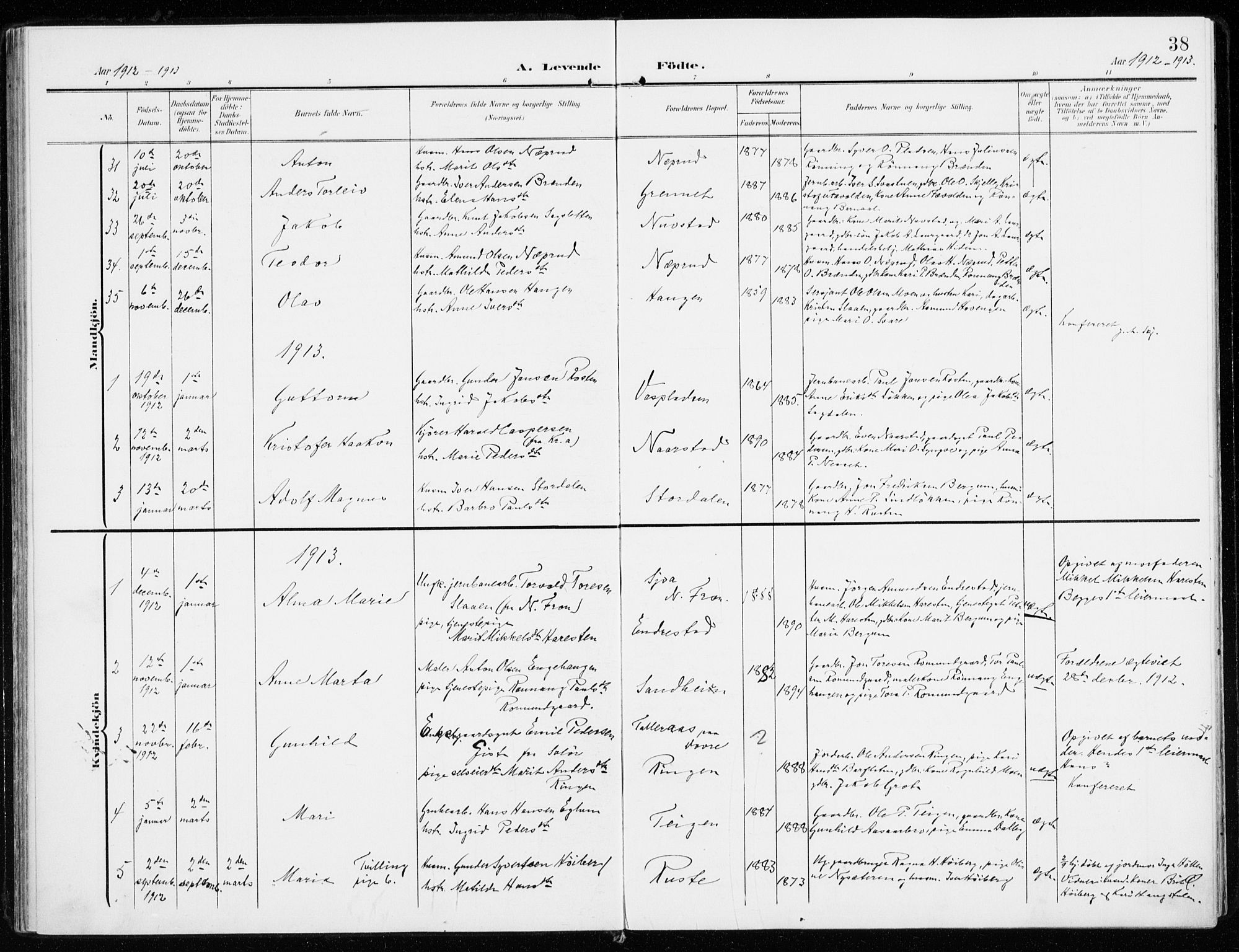 Sel prestekontor, SAH/PREST-074/H/Ha/Haa/L0002: Parish register (official) no. 2, 1905-1919, p. 38
