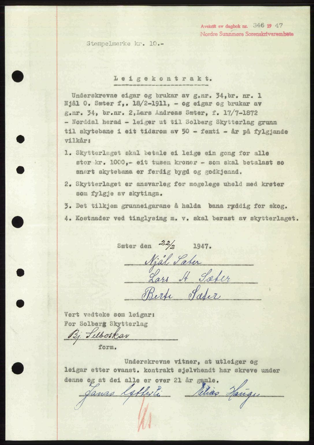 Nordre Sunnmøre sorenskriveri, AV/SAT-A-0006/1/2/2C/2Ca: Mortgage book no. A24, 1947-1947, Diary no: : 346/1947