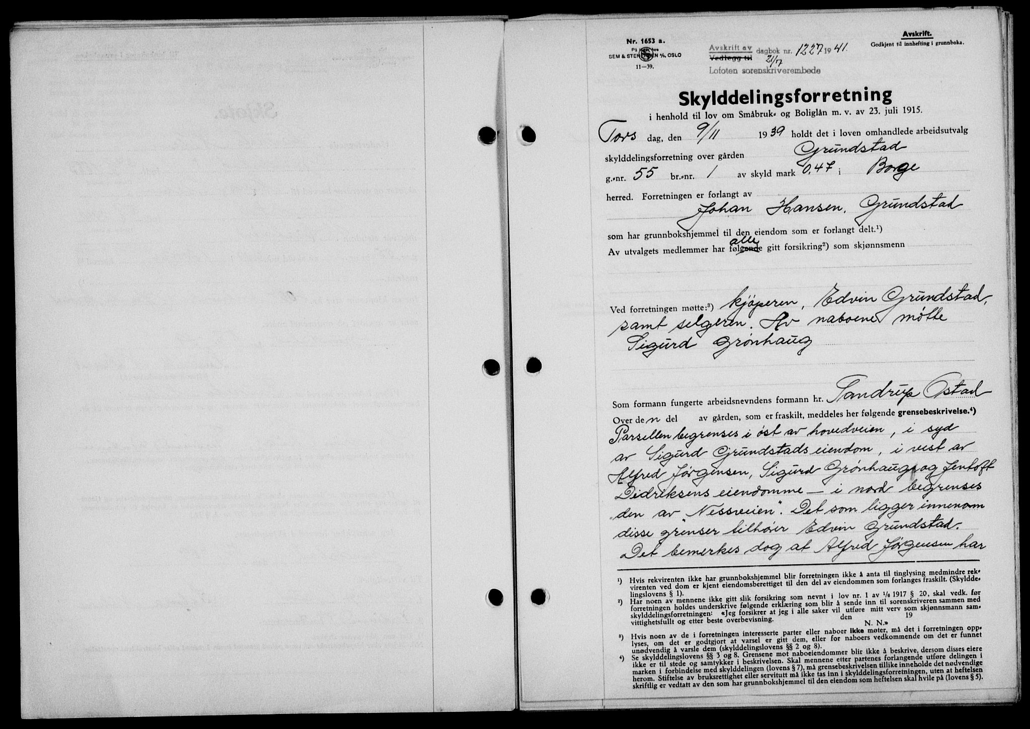 Lofoten sorenskriveri, SAT/A-0017/1/2/2C/L0008a: Mortgage book no. 8a, 1940-1941, Diary no: : 1227/1941