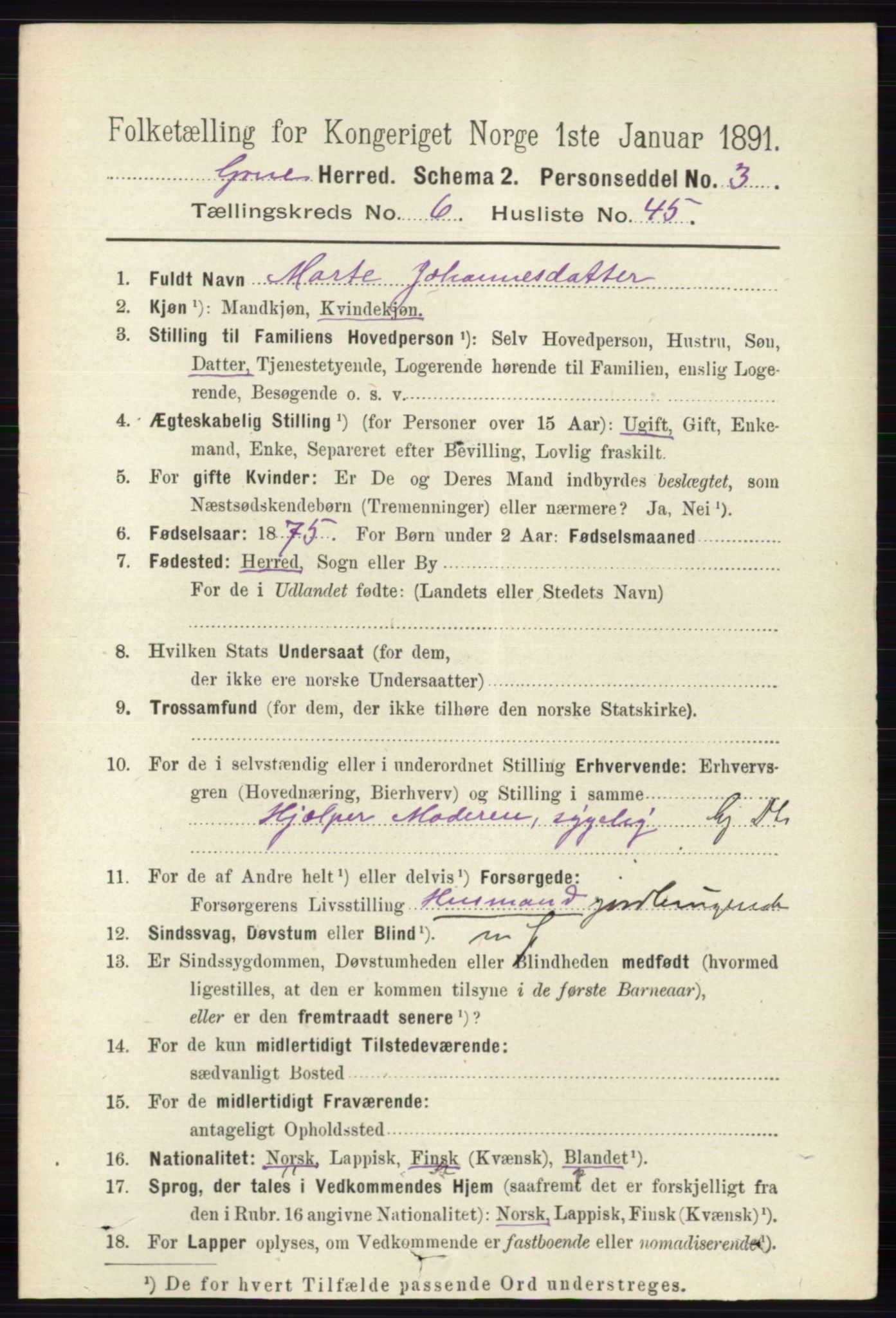 RA, 1891 census for 0423 Grue, 1891, p. 3442