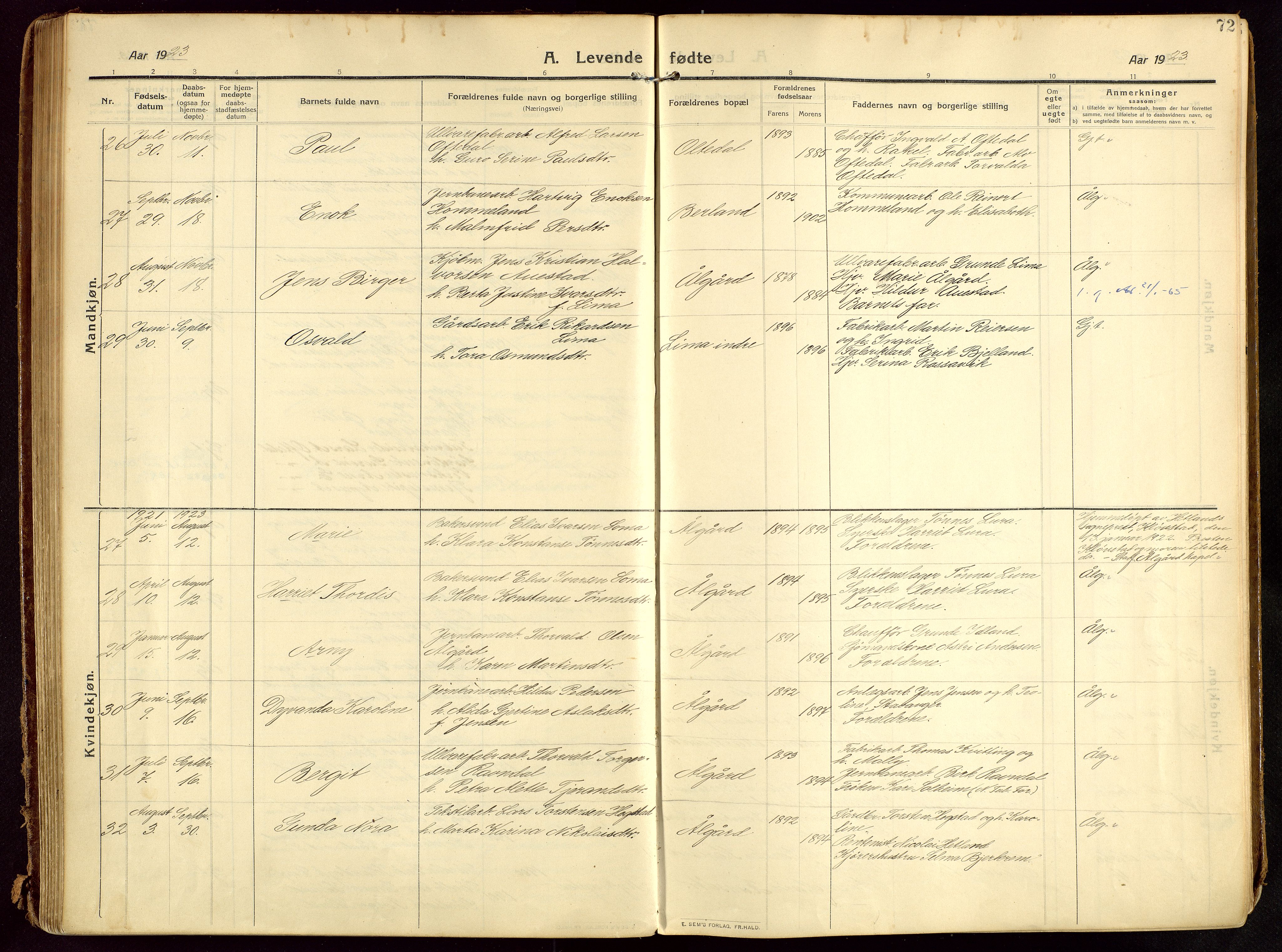 Lye sokneprestkontor, AV/SAST-A-101794/002/B/L0001: Parish register (official) no. A 13, 1910-1925, p. 72